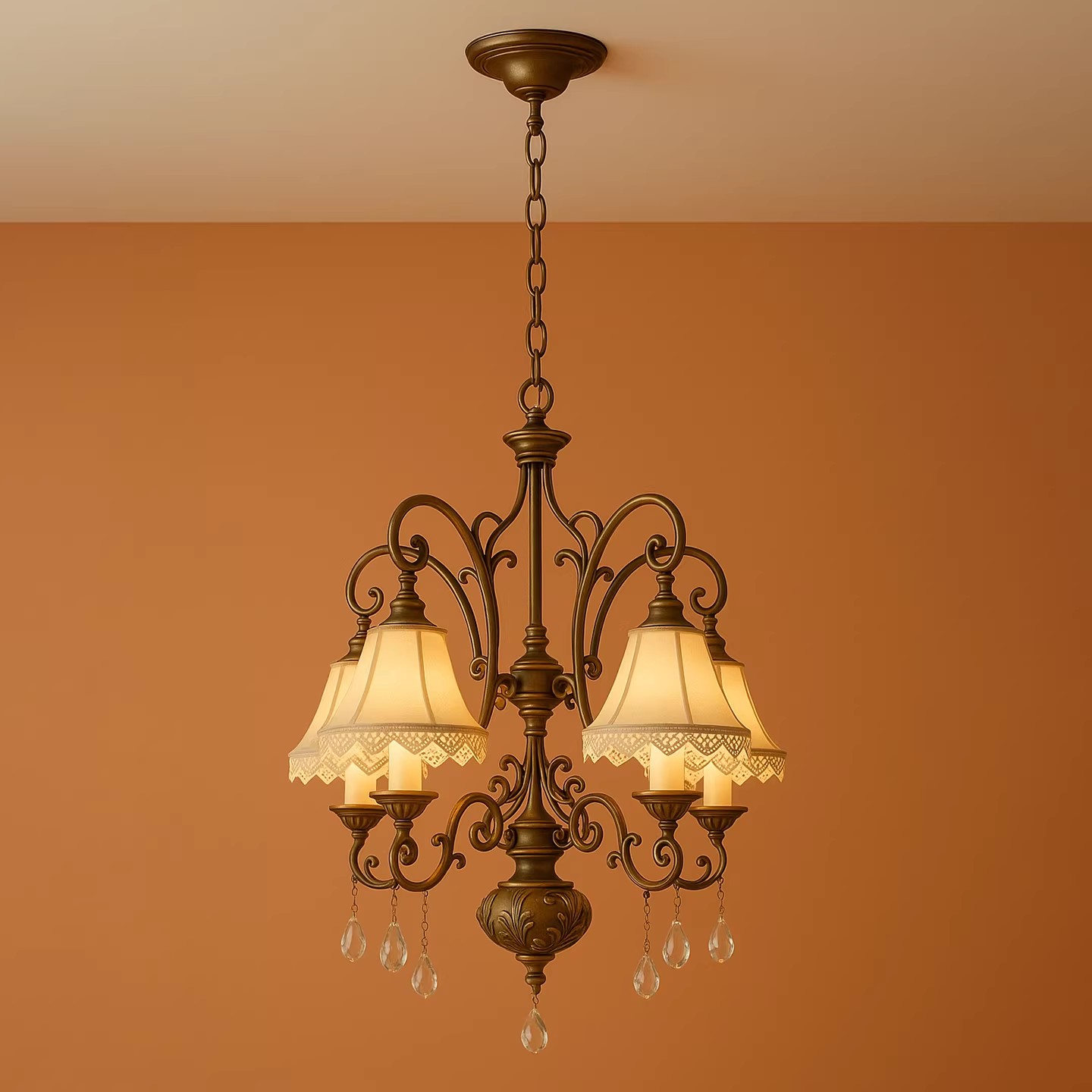 Vintage Bronze Floral Chandelier with Fabric Shades