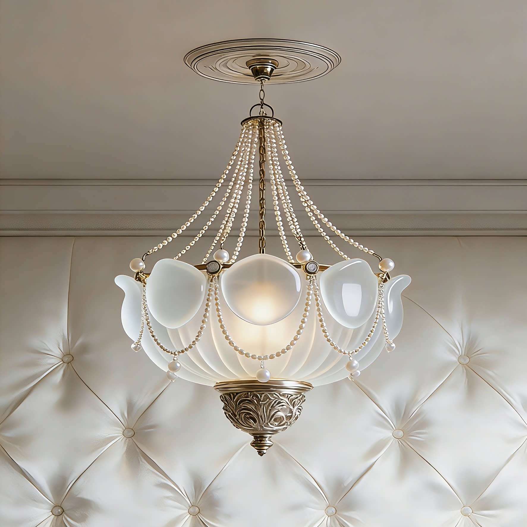 Vintage Pearl Crown Pendant Light - Frosted Floral Bowl Shade