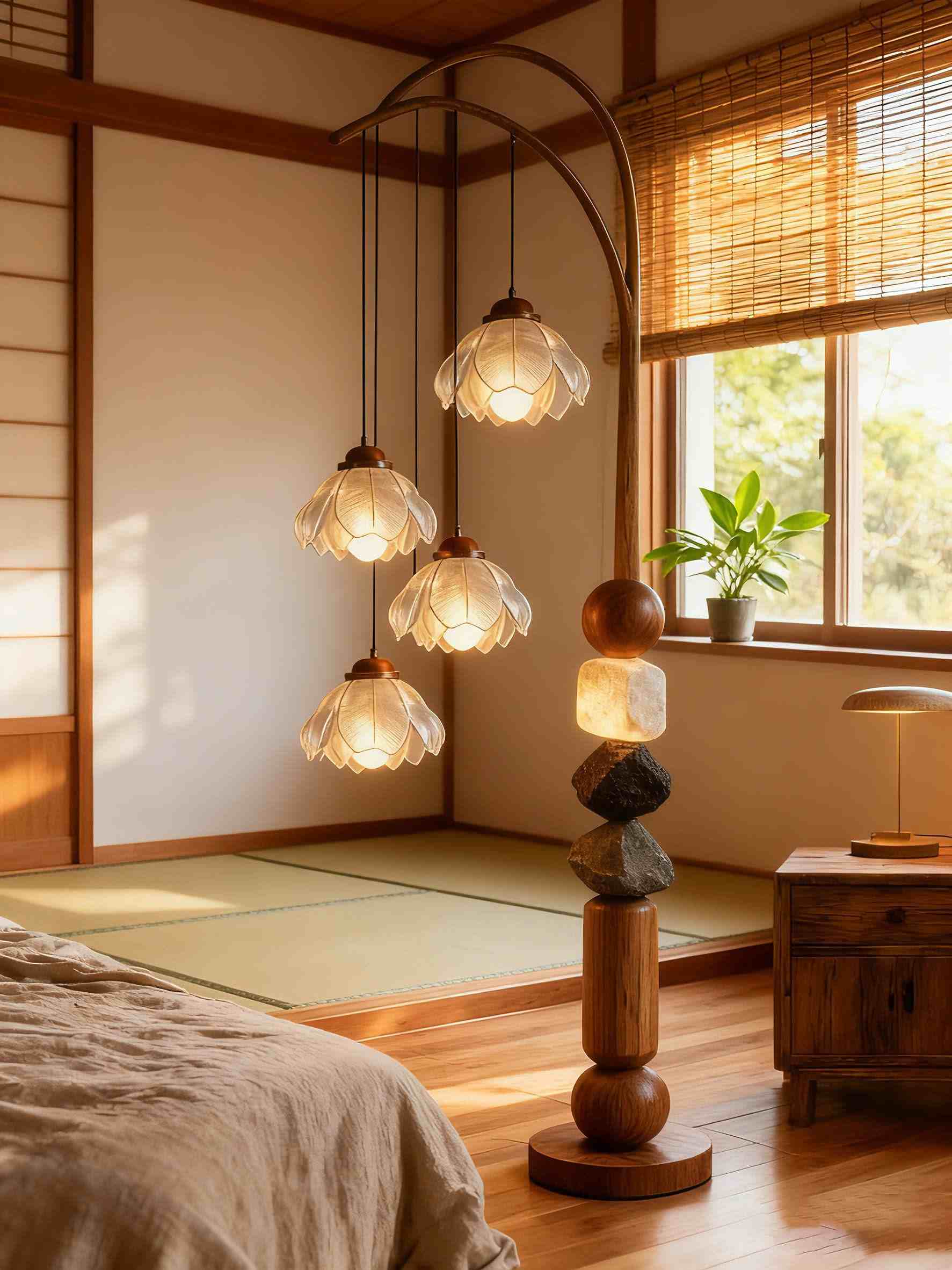 Japanese Zen Floor Lamp - Lotus Petal Cluster with Wooden Base