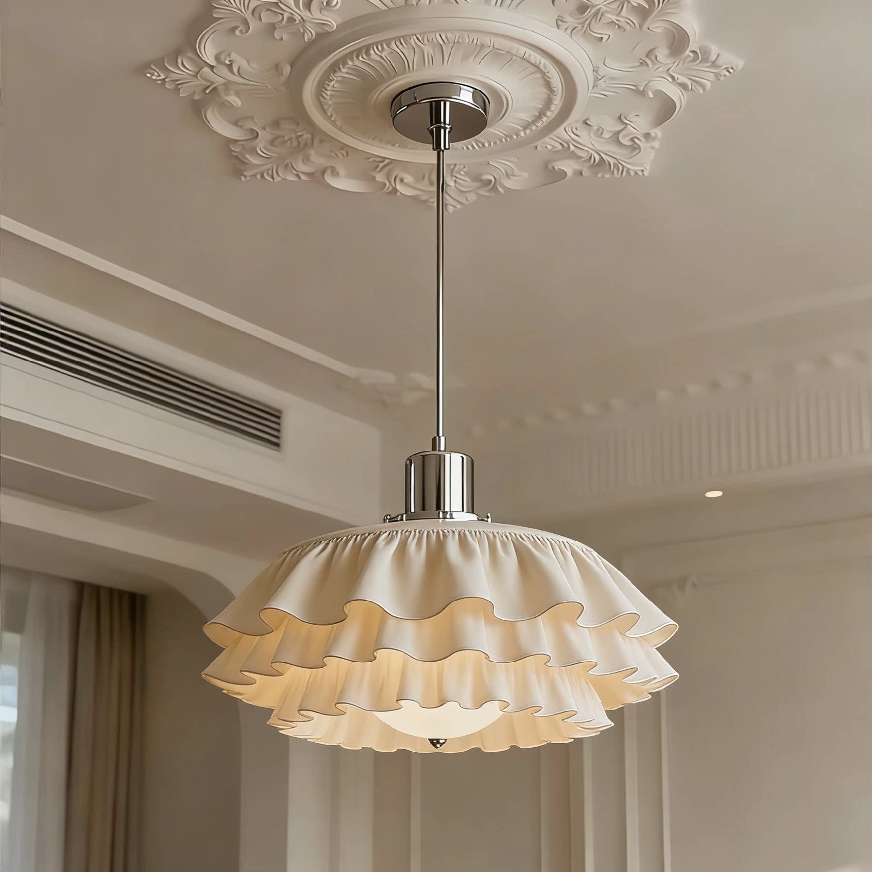 Ruffled Cream Pendant Light - Fabric Shade with Classic Rosette