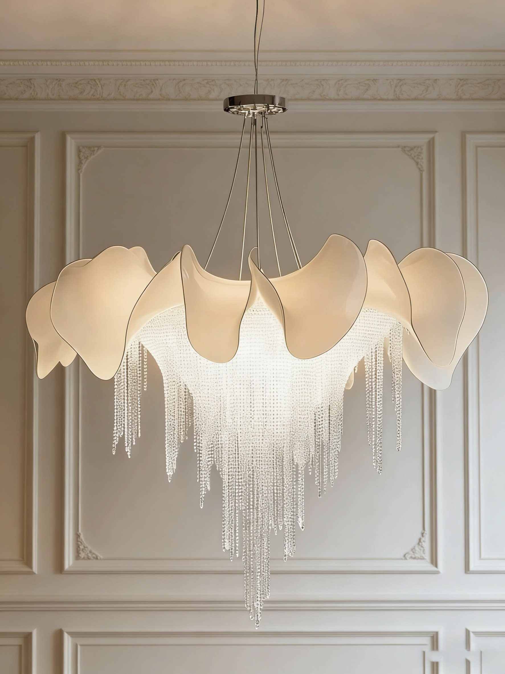 Sculptural Wave Chandelier - Petal Form with Crystal Beads