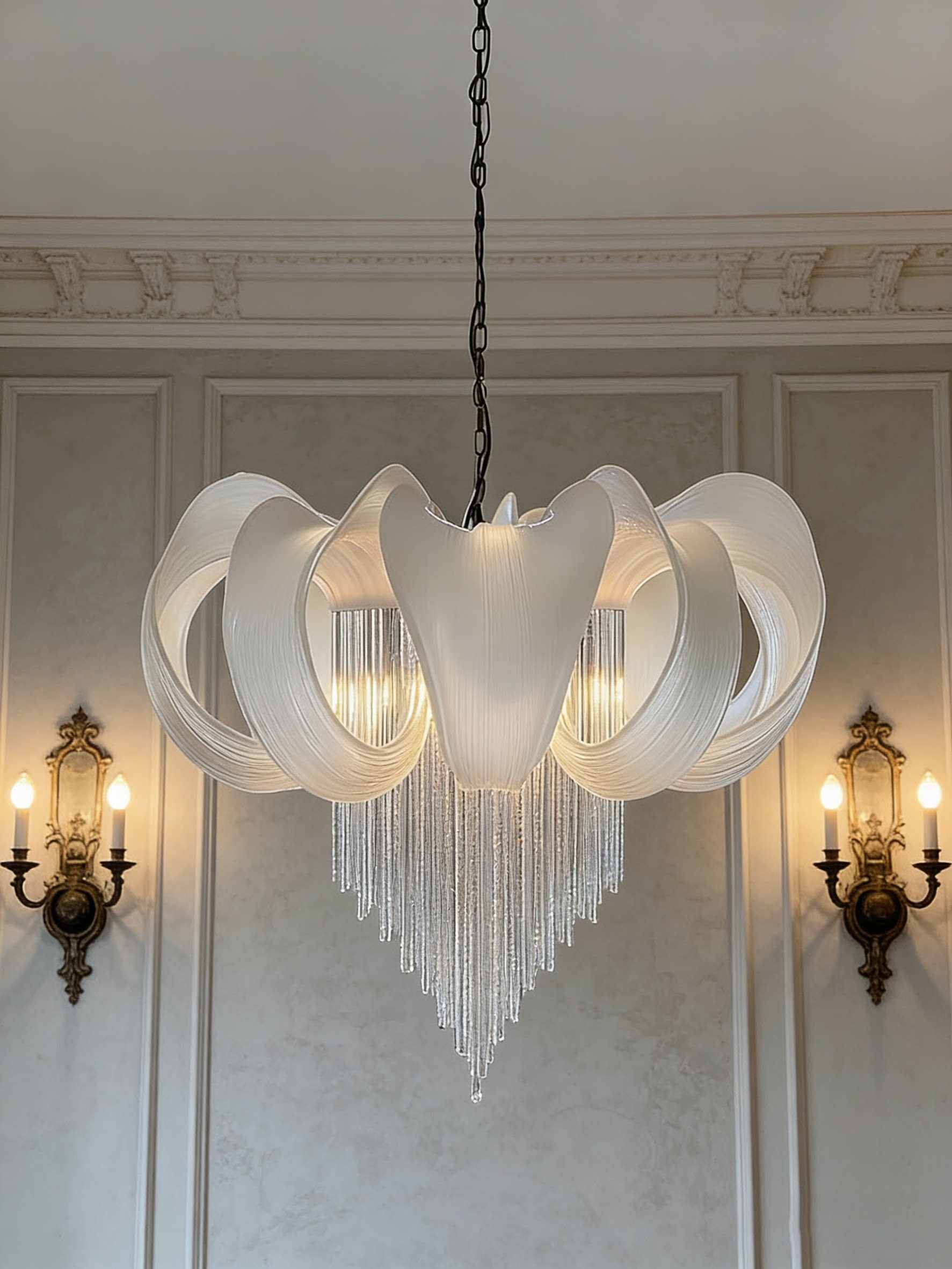 Modern Petal 3D Printed Chandelier with Crystal Drops