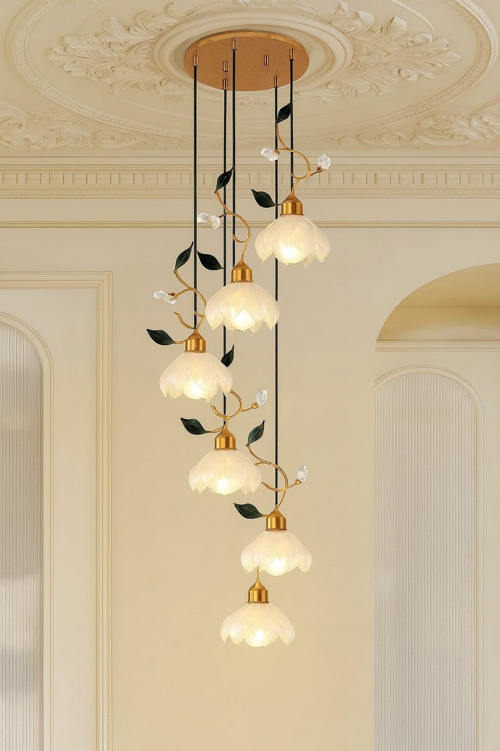 Gold Branch Pendant Light - 3D Printed Petal Cluster