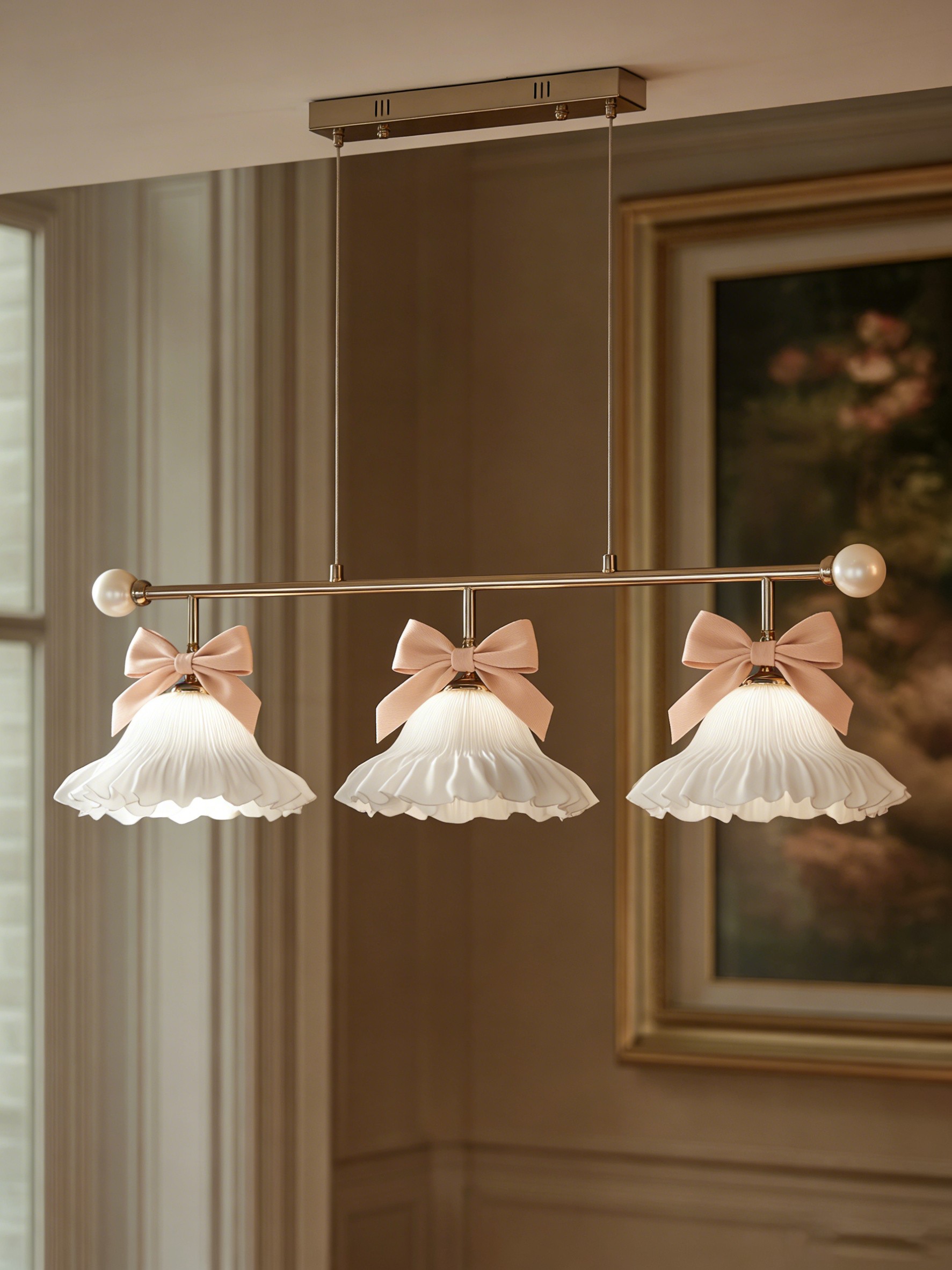 Triple Pendant 3D Printed Lamp with Pink Bows
