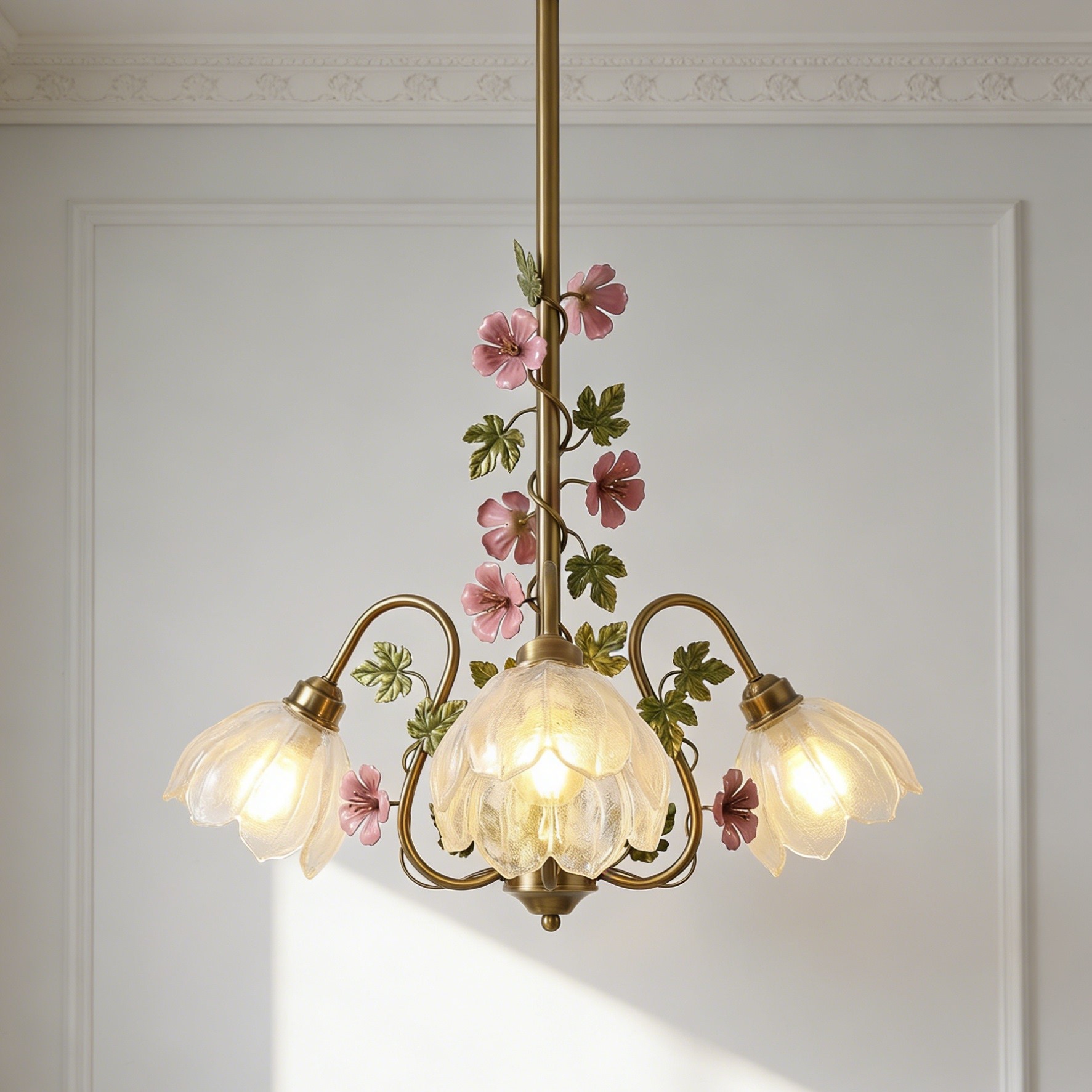 3D Printed Floral Chandelier with Pink Accents - Romantic Art Pendant