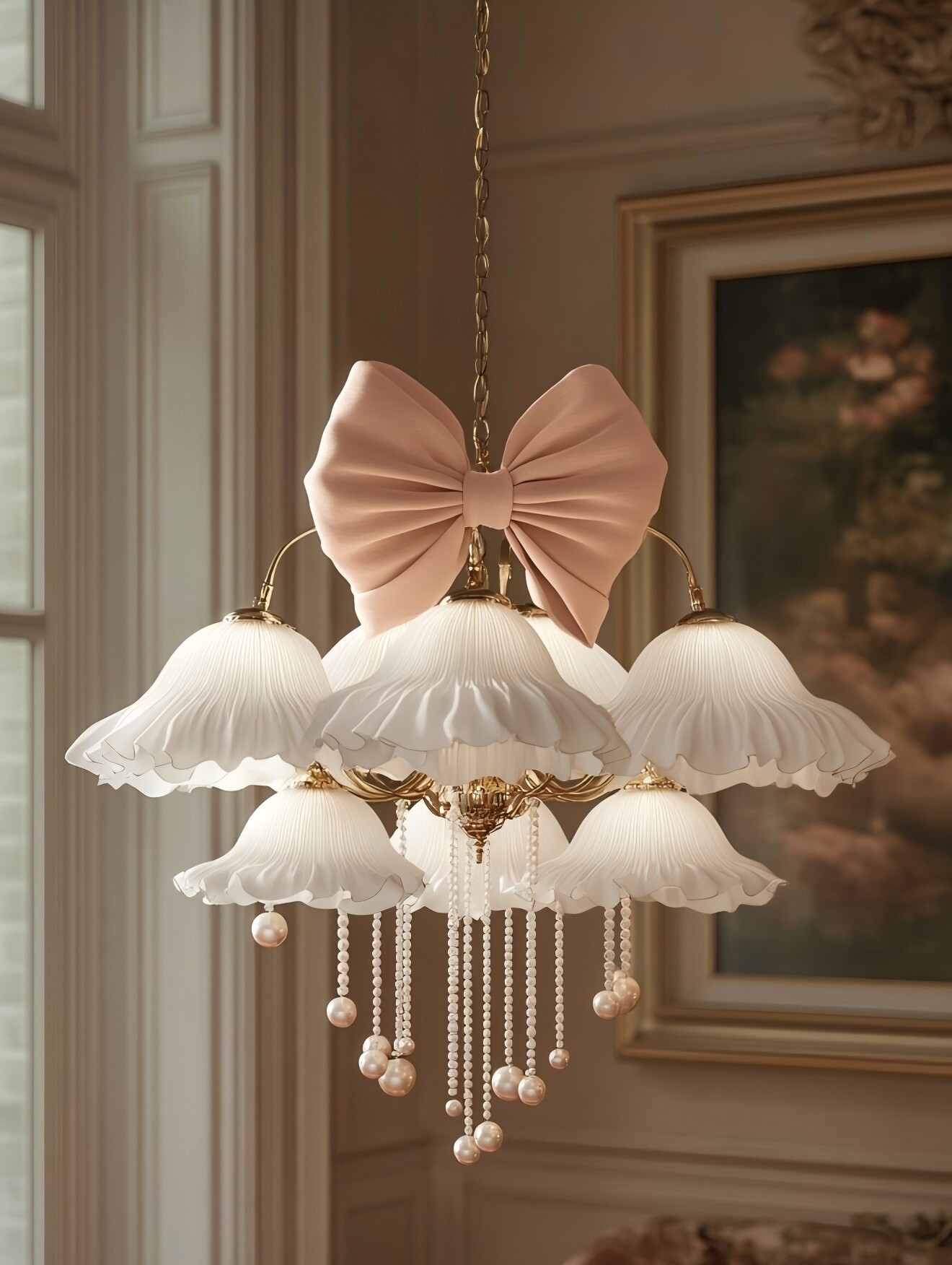 Ruffled Flower Pendant Chandelier with Pearls - 3D Printed Retro Style