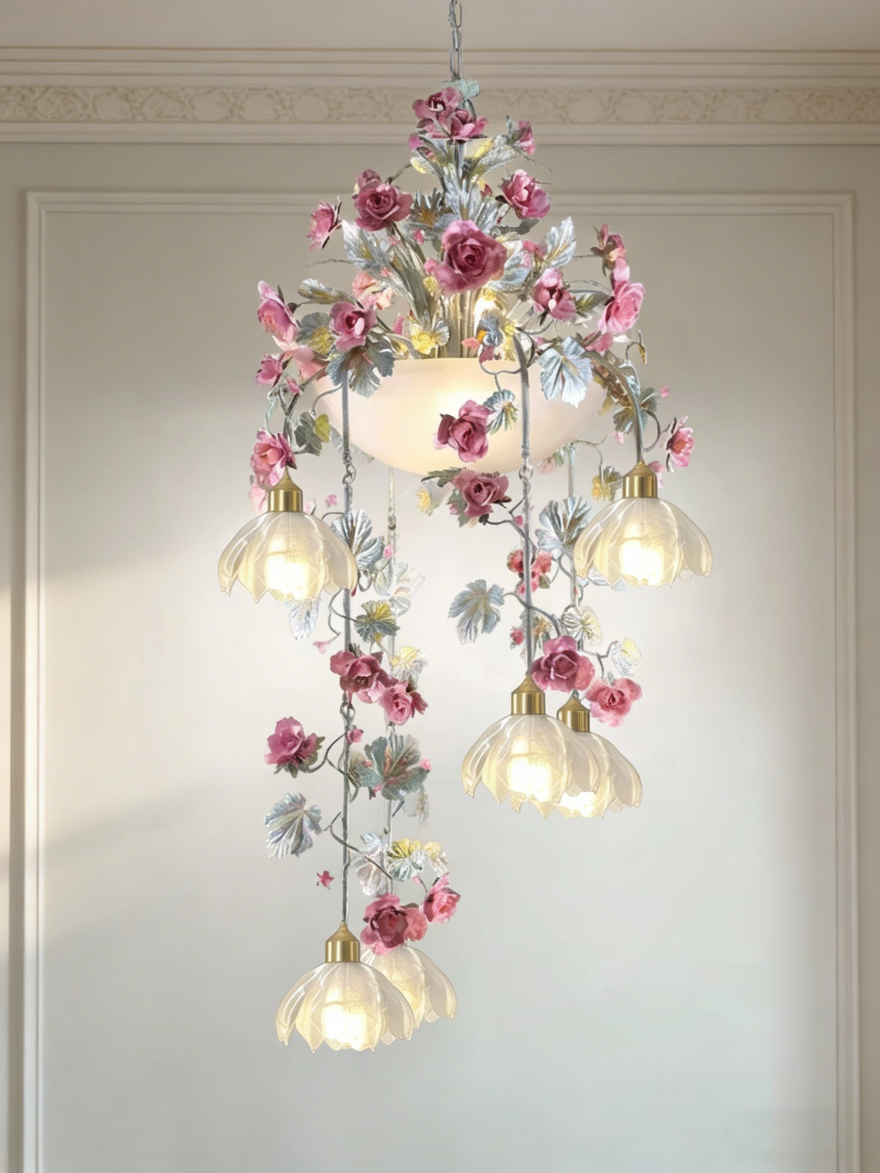 Romantic Floral Cascade Chandelier - 3D Printed Rose Pendant Light
