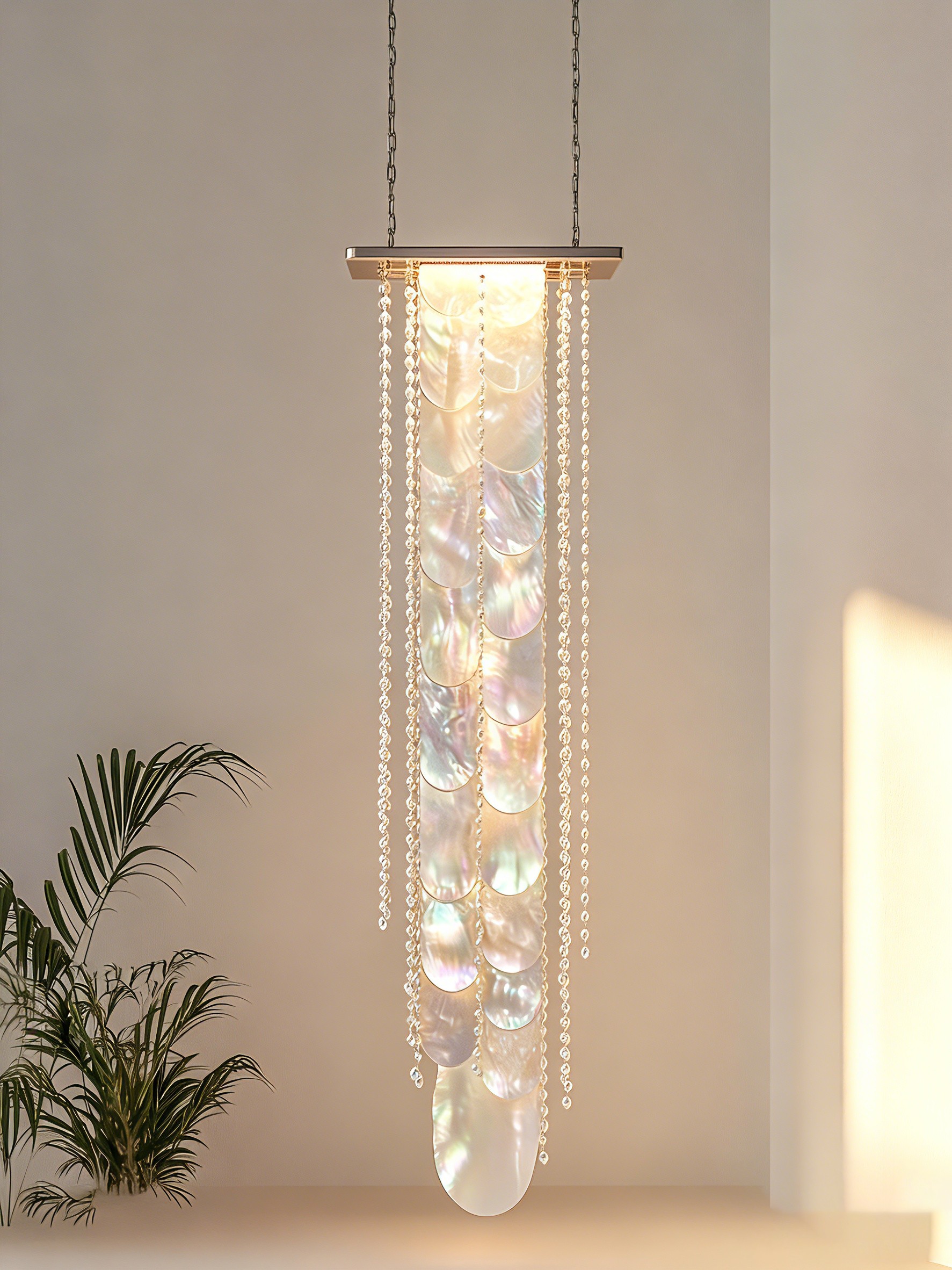 3D Printed Shell & Crystal Pendant Light - Iridescent Hanging Lamp
