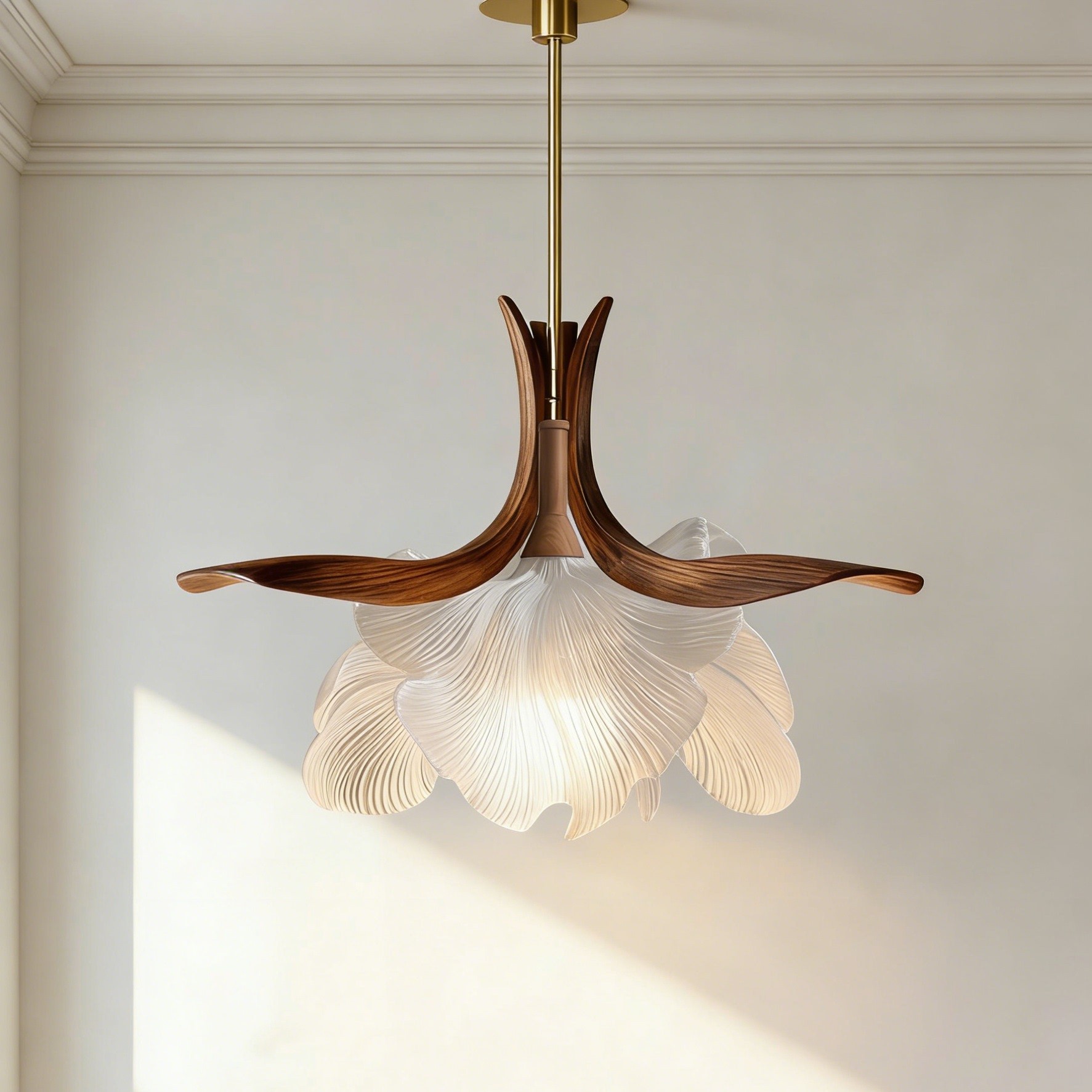 Elegant Petal Pendant Light - 3D Printed with Wood Accents