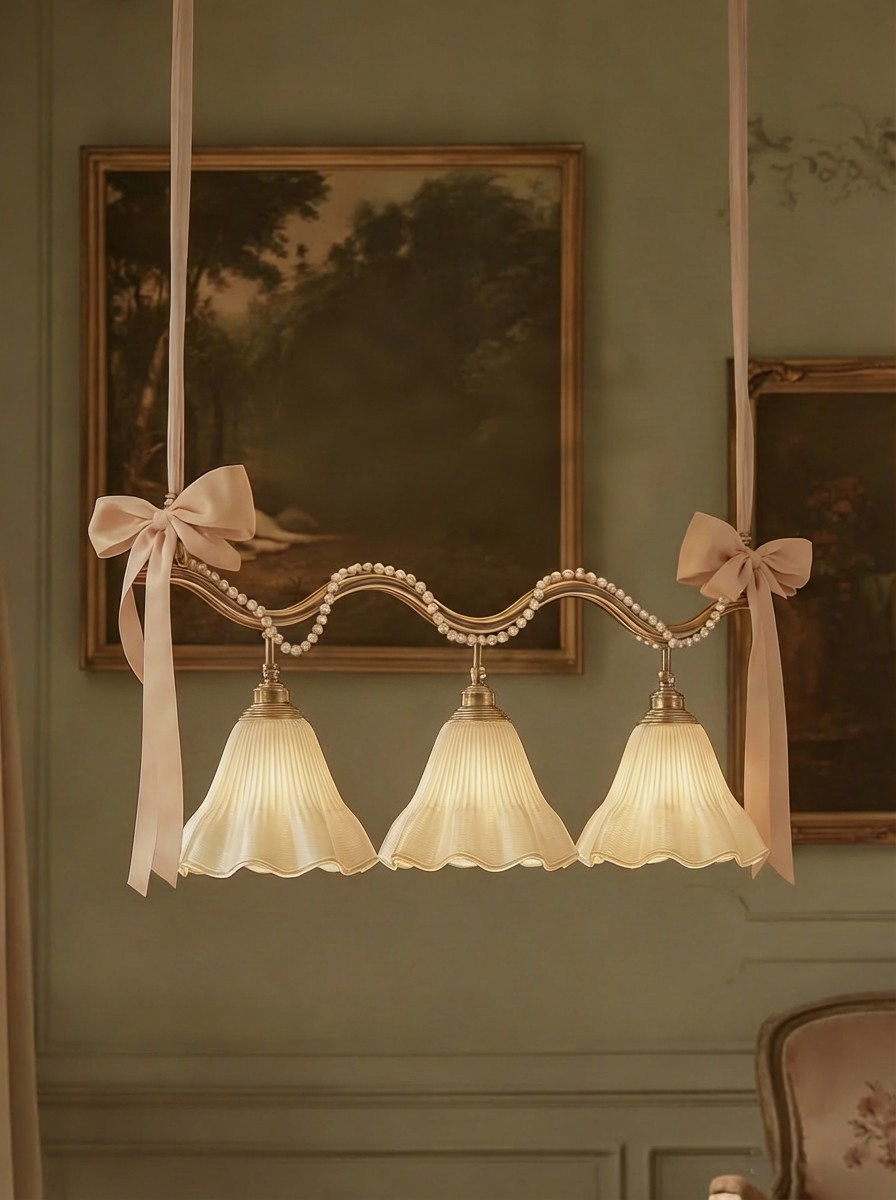 Romantic Ribbon Pendant Light - 3D Printed Floral Triple Shade