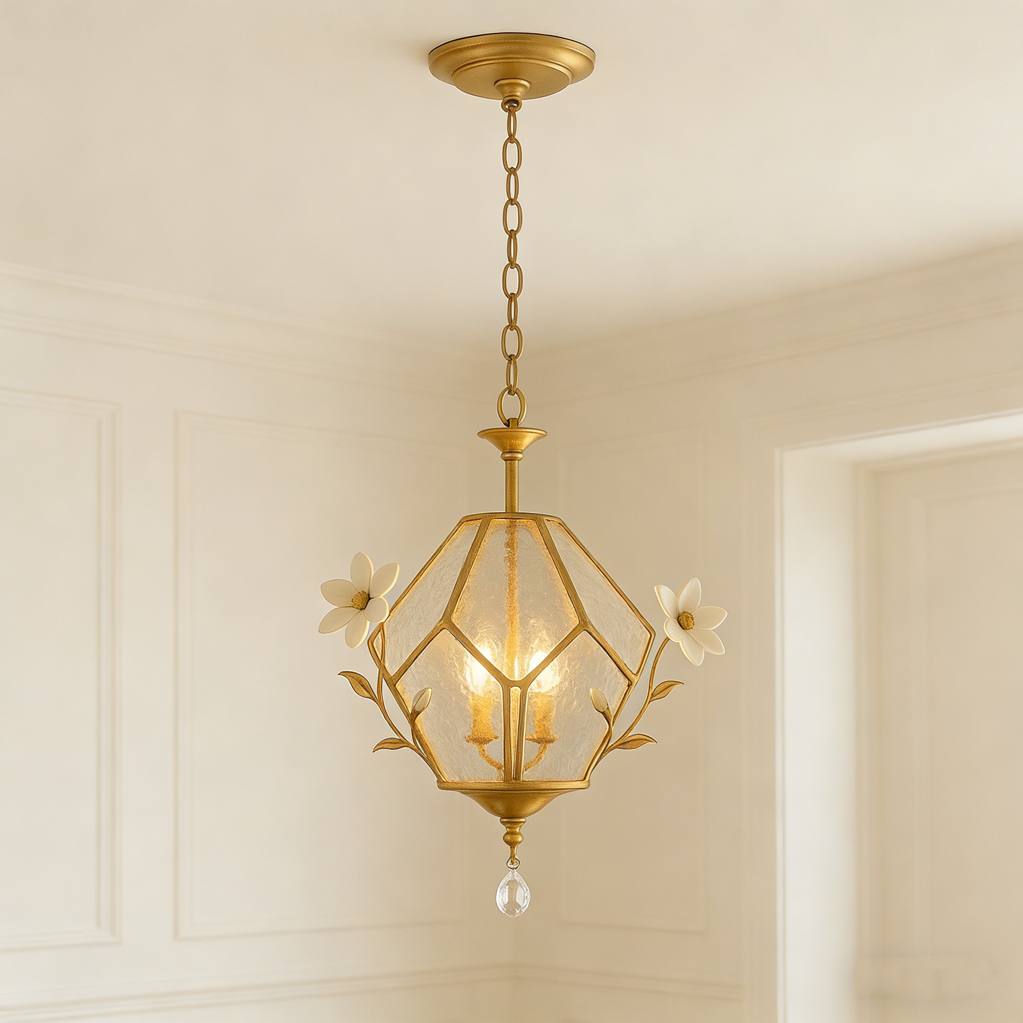 Geometric Floral Pendant Light - 3D Printed Gold Vintage Style