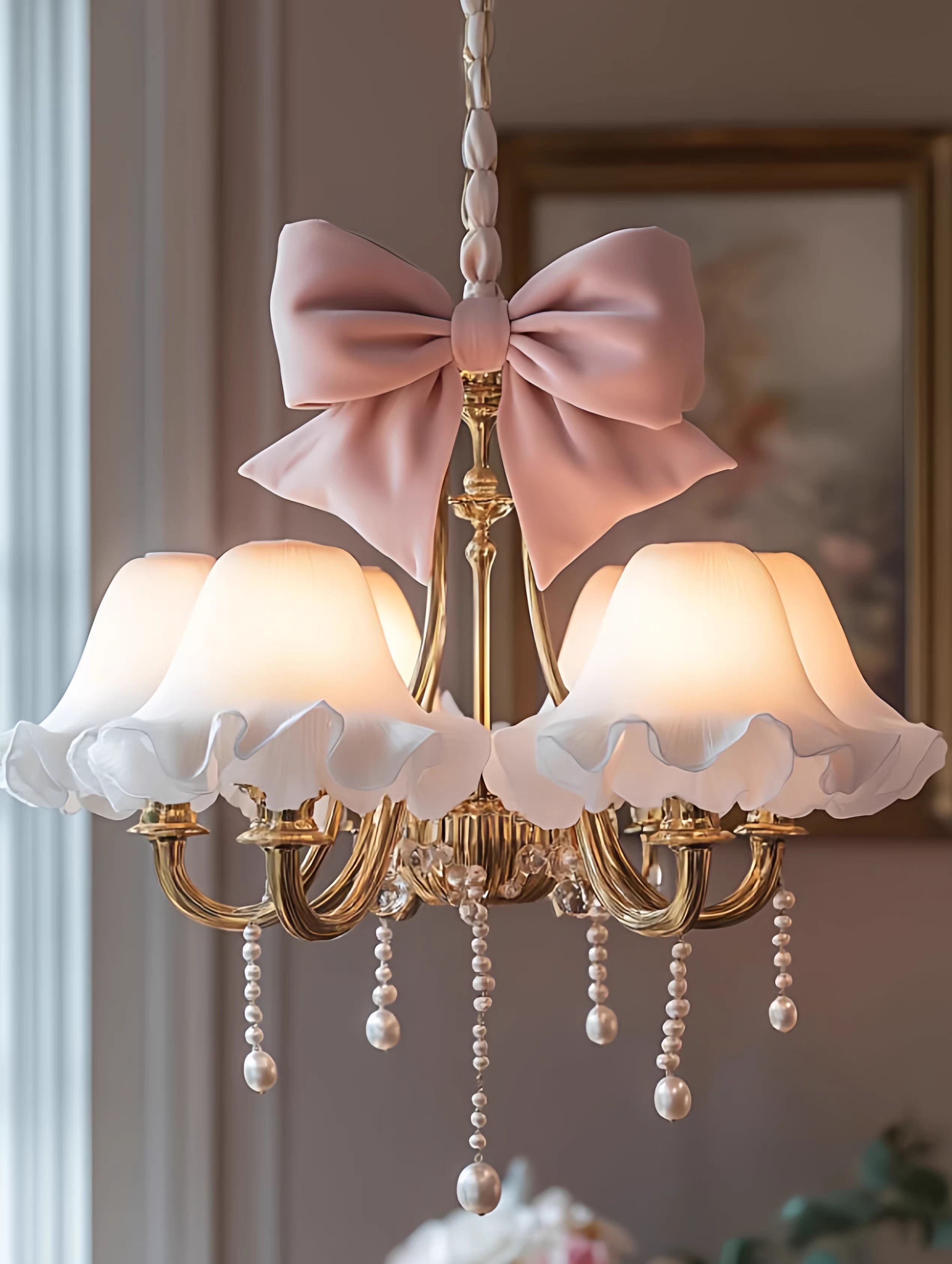 Vintage Bow Chandelier - 3D Printed Petal Shades with Pearls