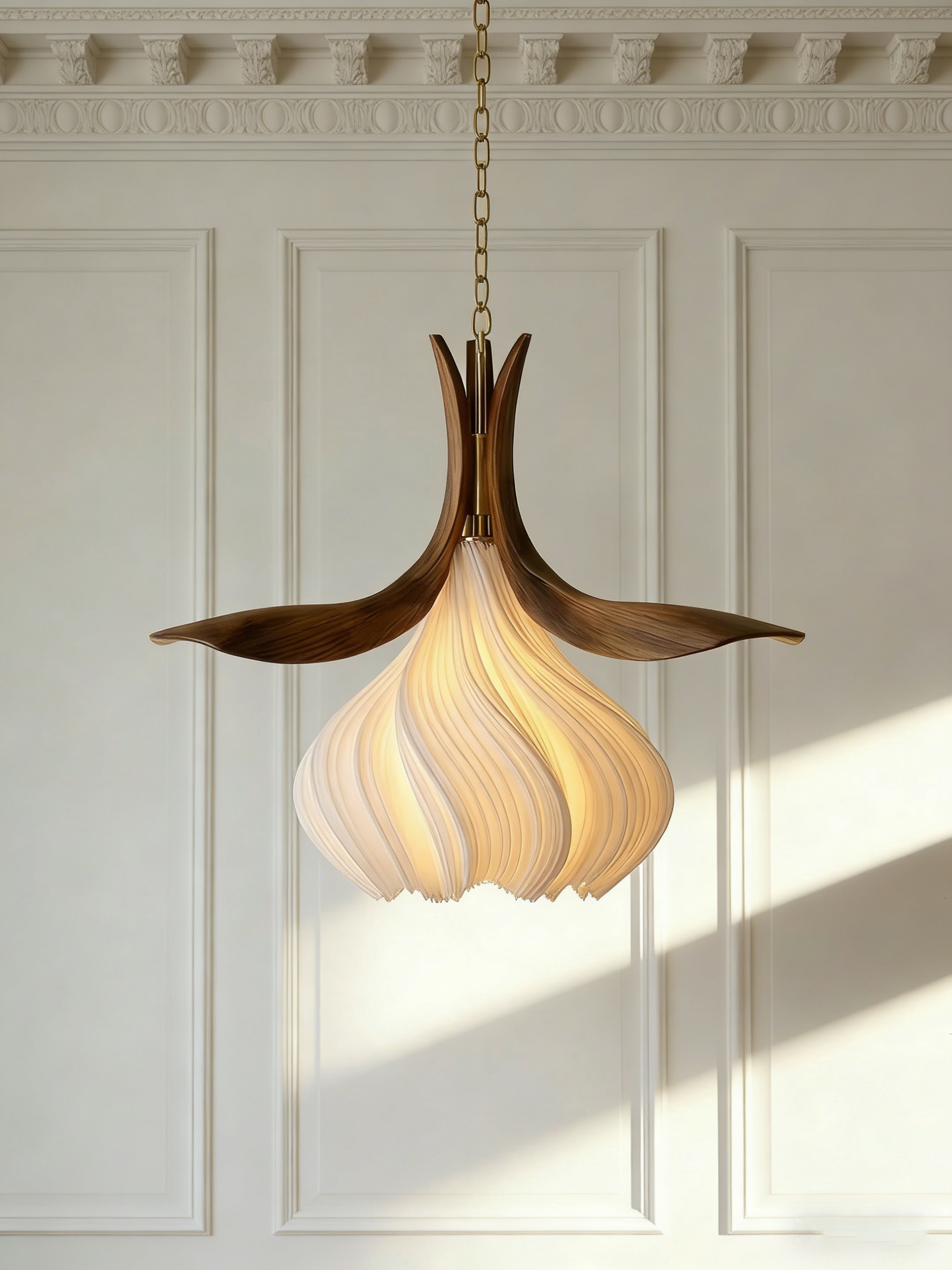 Modern 3D Printed Pendant Light with Wooden Leaf Design