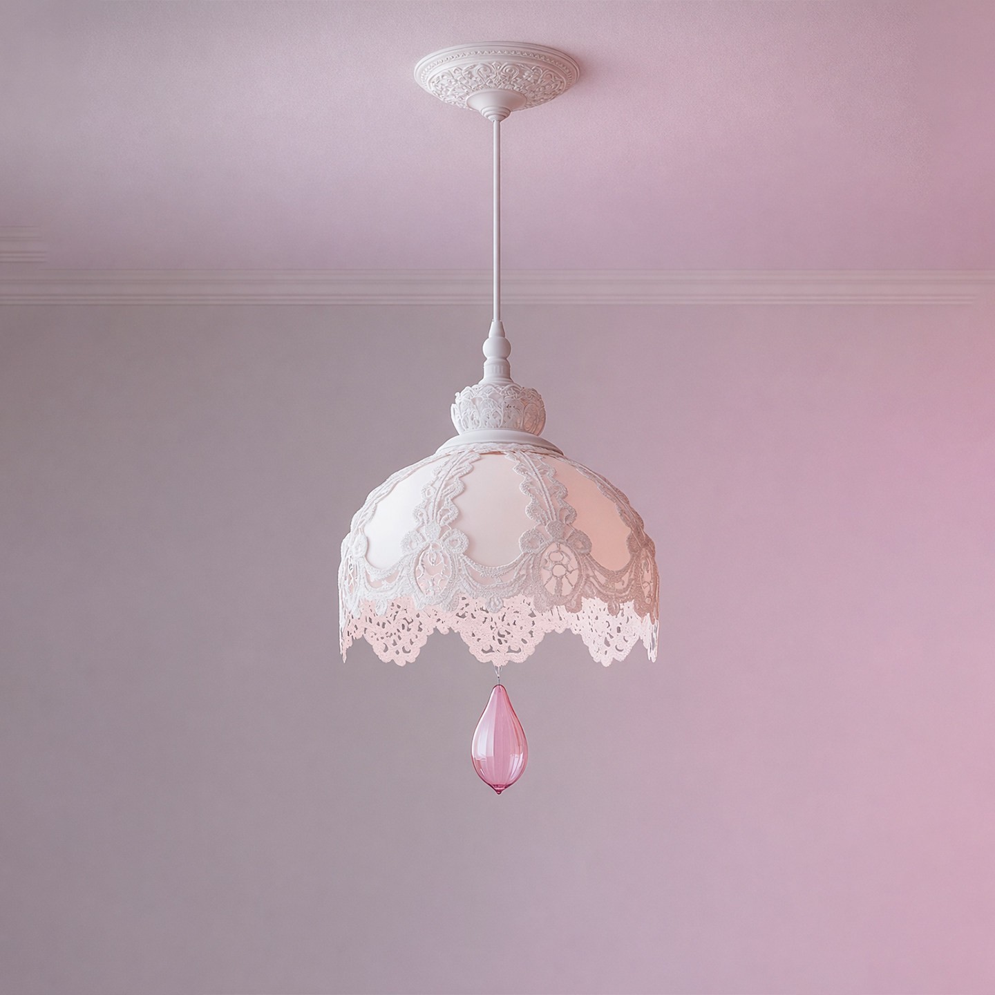 Lace-Inspired 3D Printed Pendant Light with Pink Crystal Drop