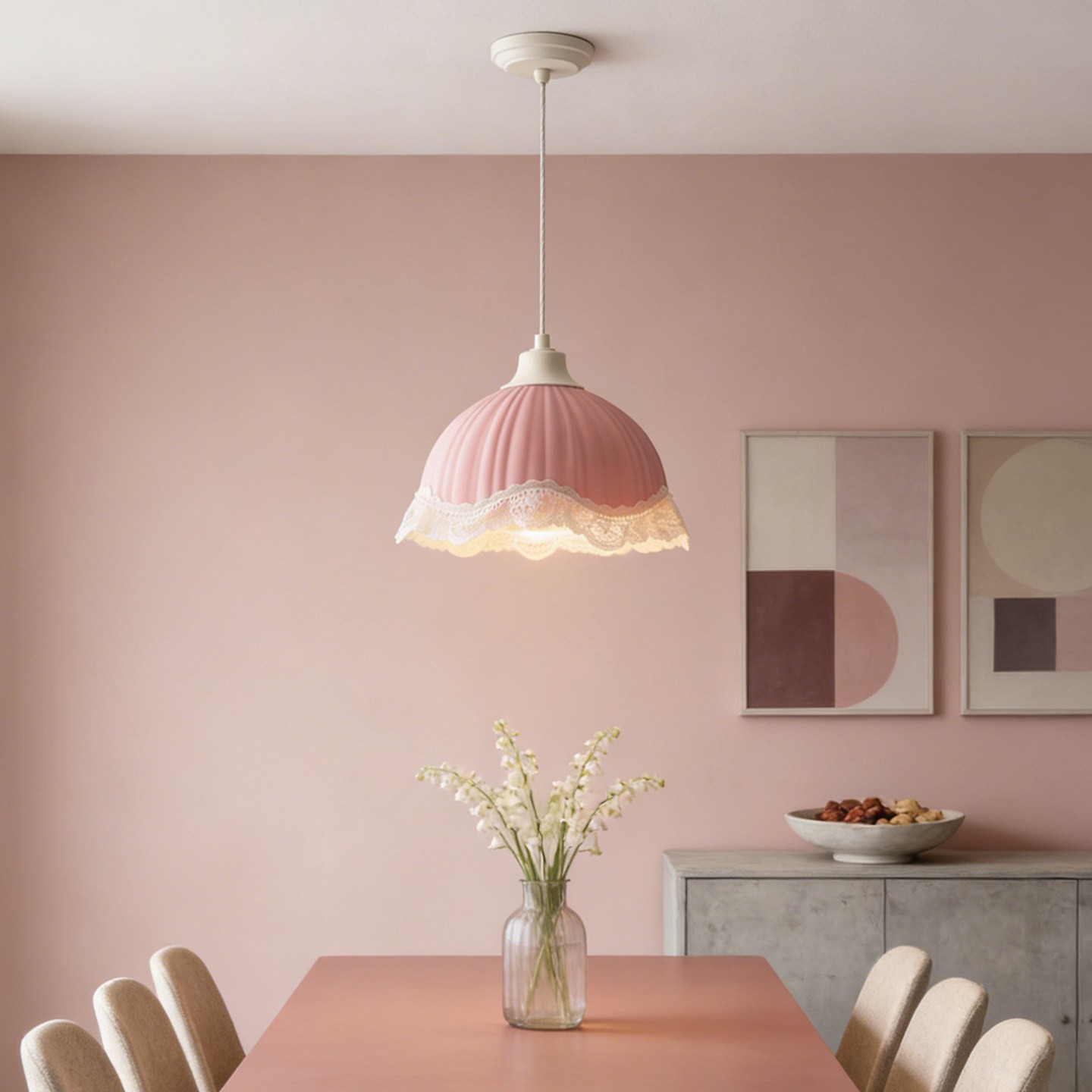 Vintage Pink 3D Printed Pendant Lamp with Lace Trim