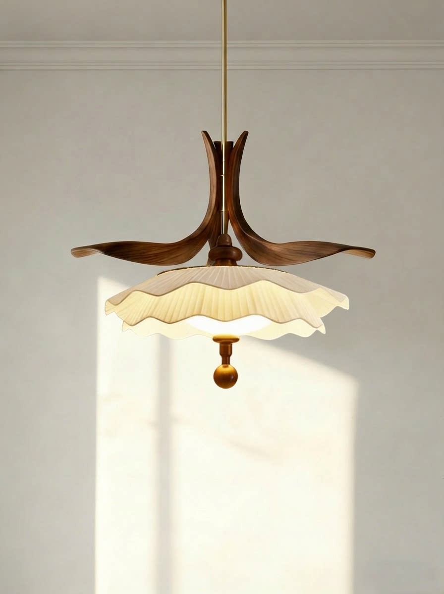 Layered Petal 3D Printed Pendant Lamp with Wood Accents