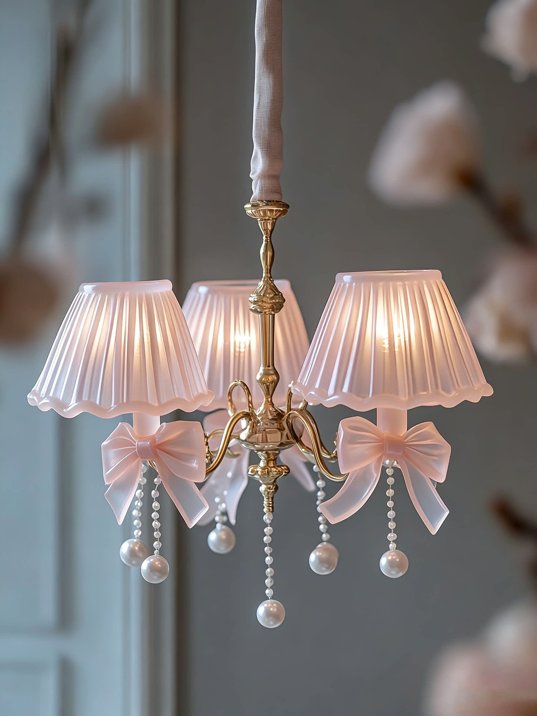 Elegant 3D Printed Bow Pendant Chandelier with Pearls