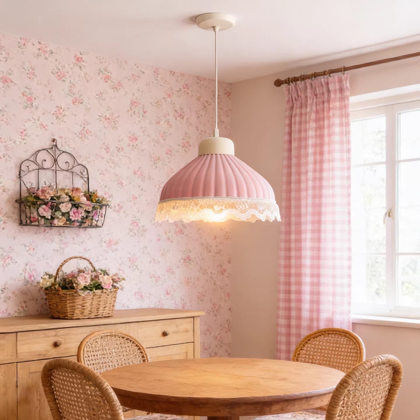 Pink Retro 3D Printed Pendant Light with Lace Trim
