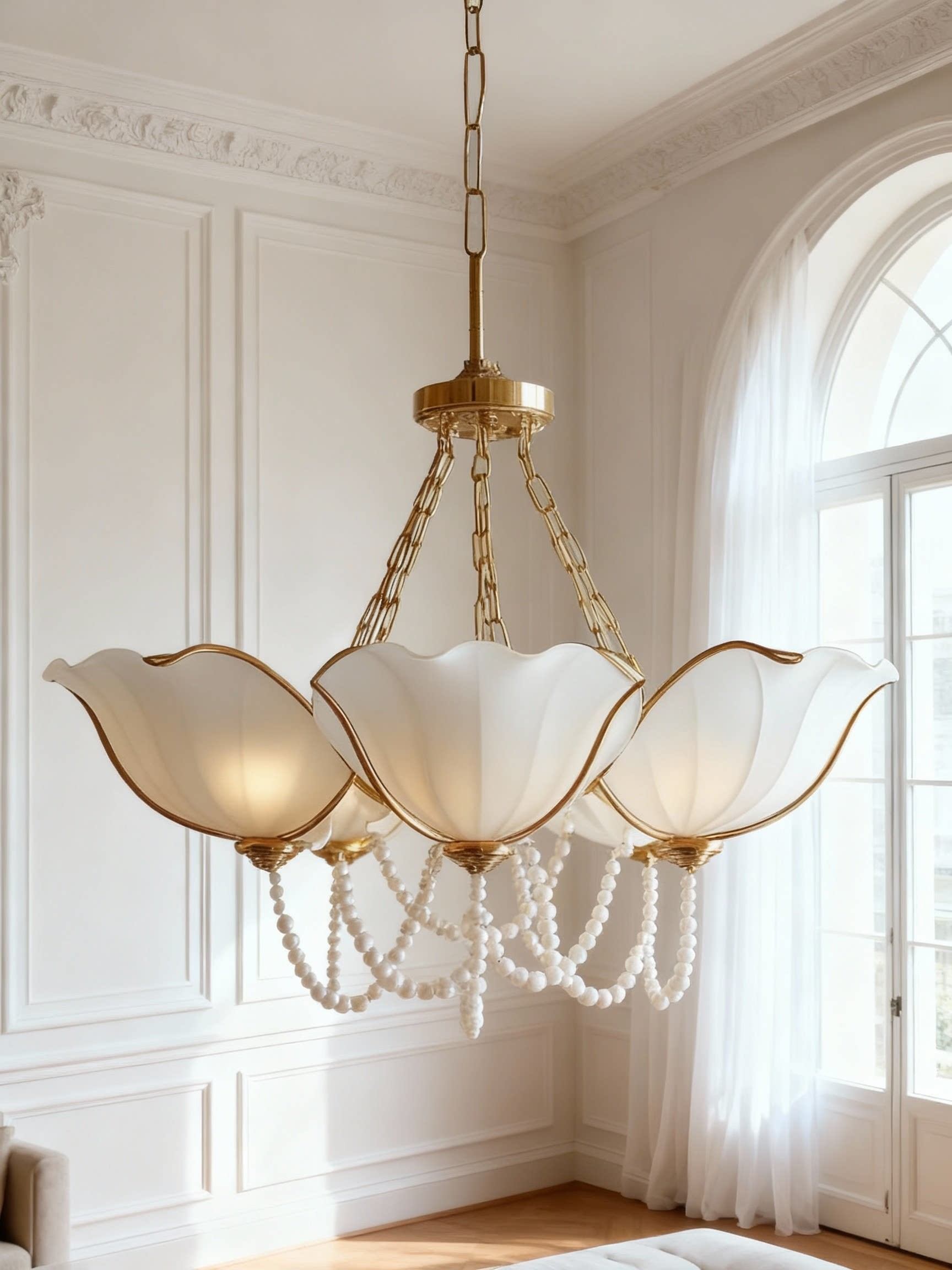 Luxury 3D Printed Lotus Chandelier with Pearl Chains