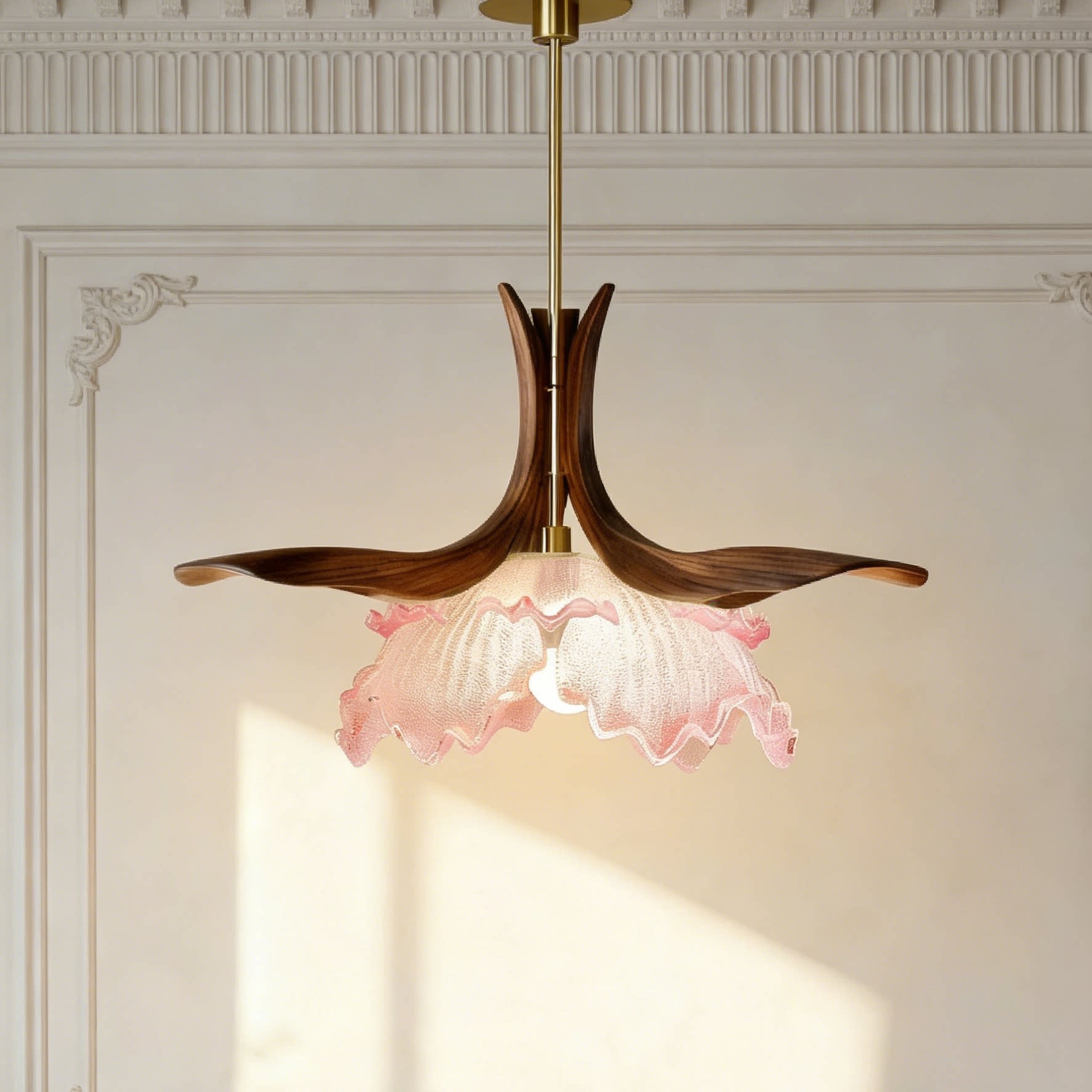 3D Printed Artistic Pendant Light with Wood & Ruffle Glass