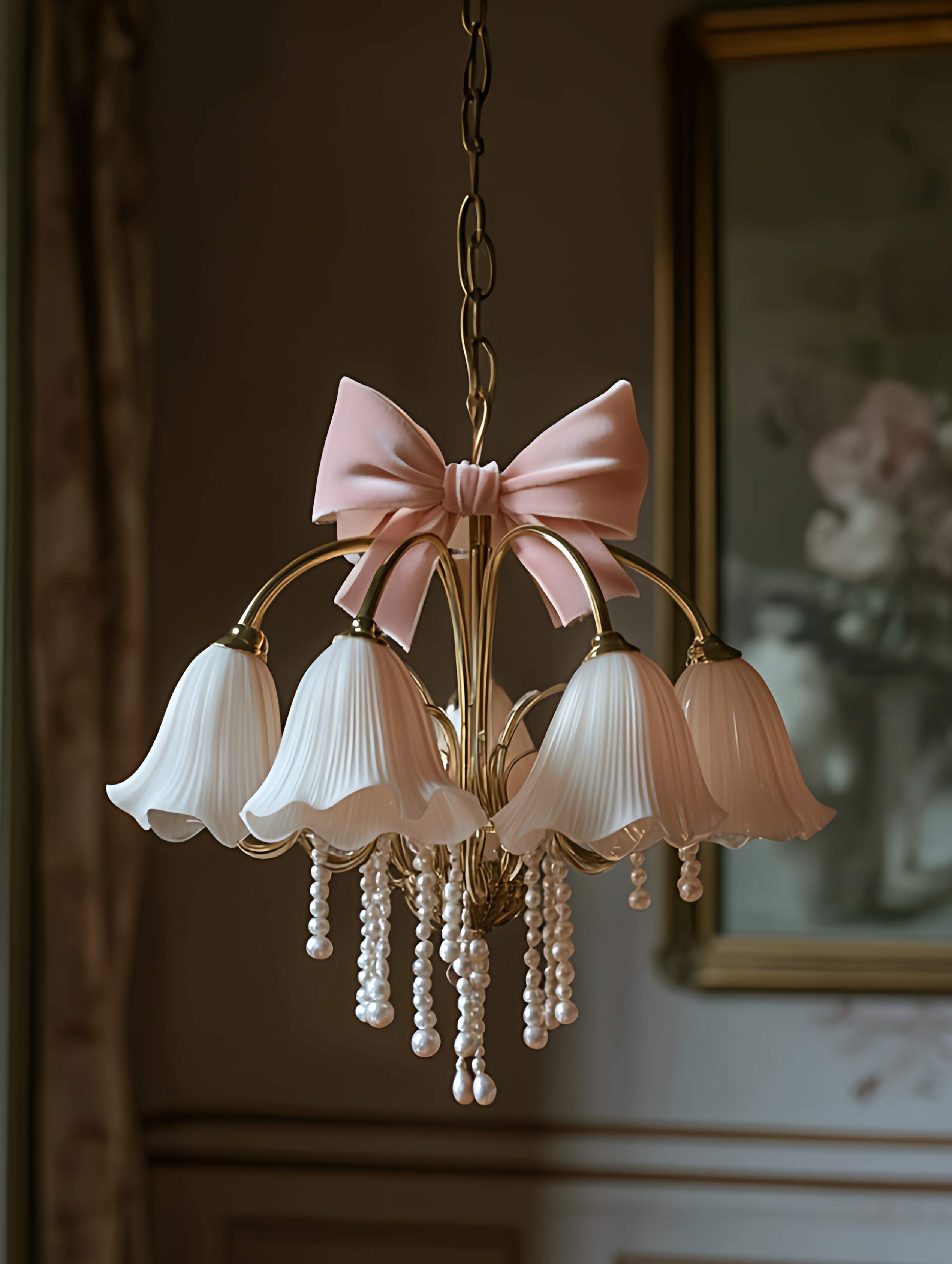 Romantic Bowknot 3D Printed Chandelier with Pearl Drops