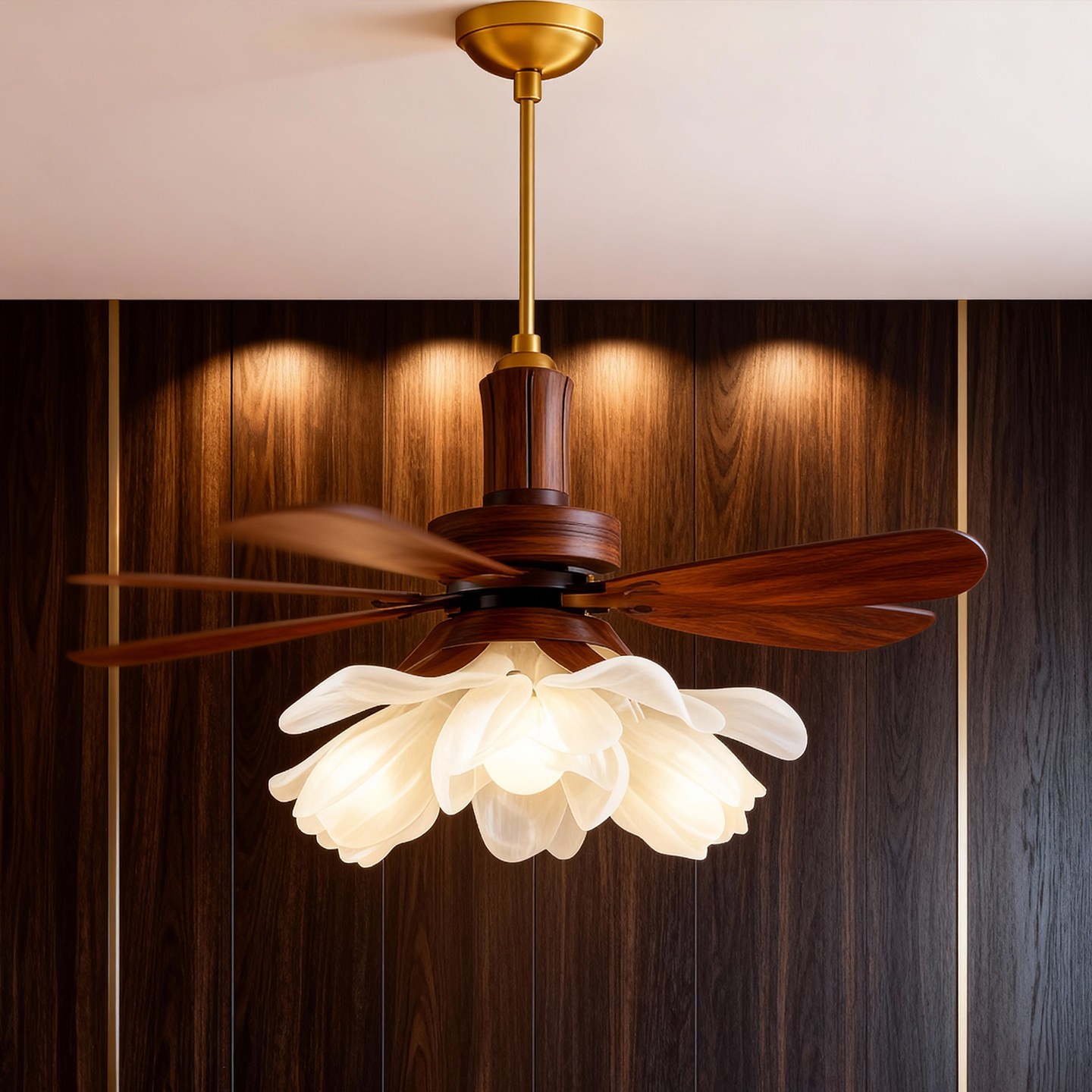 3D Printed Pendant Fan Light with Wooden Petals