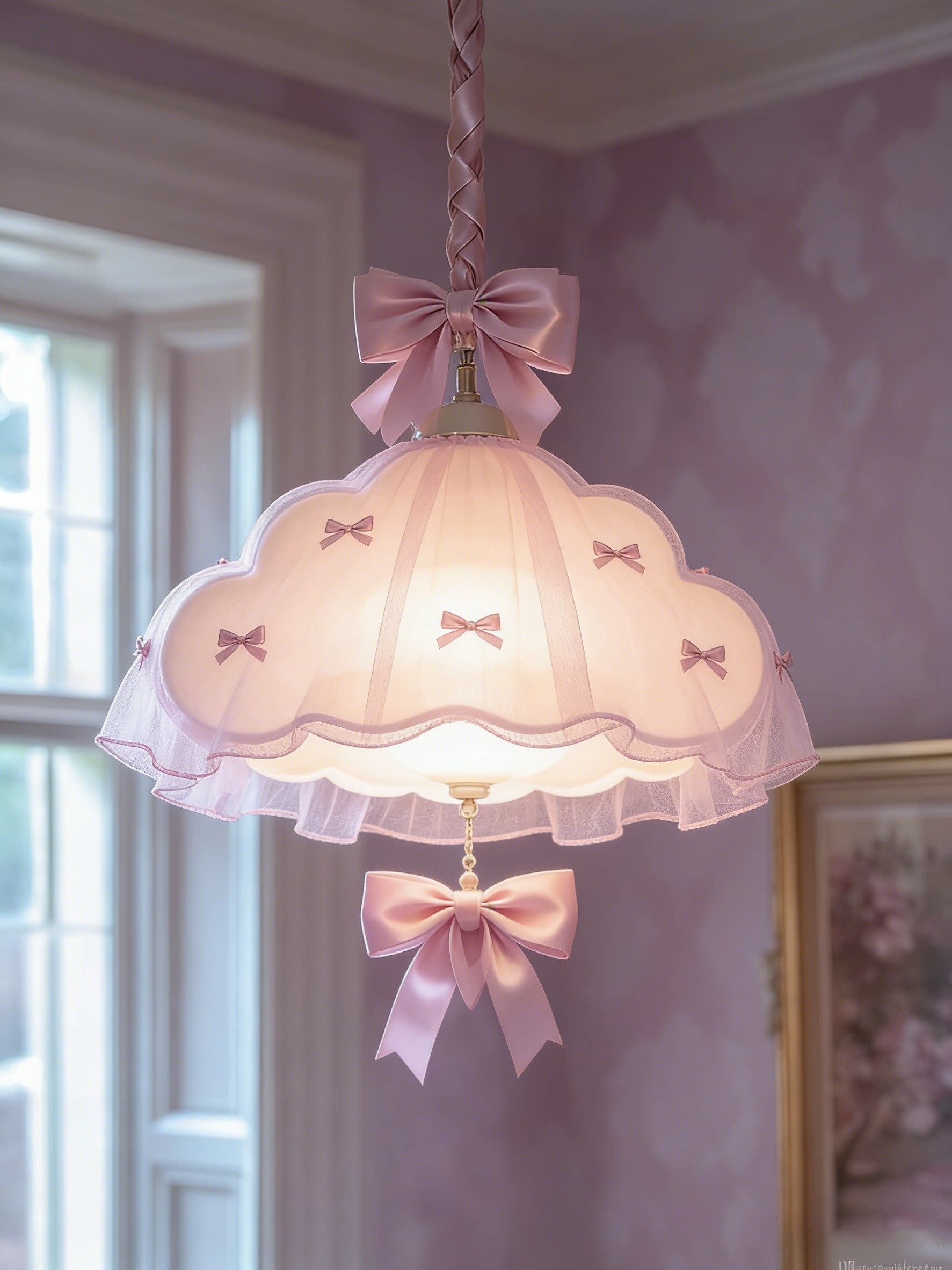 Cute Cloud 3D Printed Pendant Lamp with Ribbon Decor