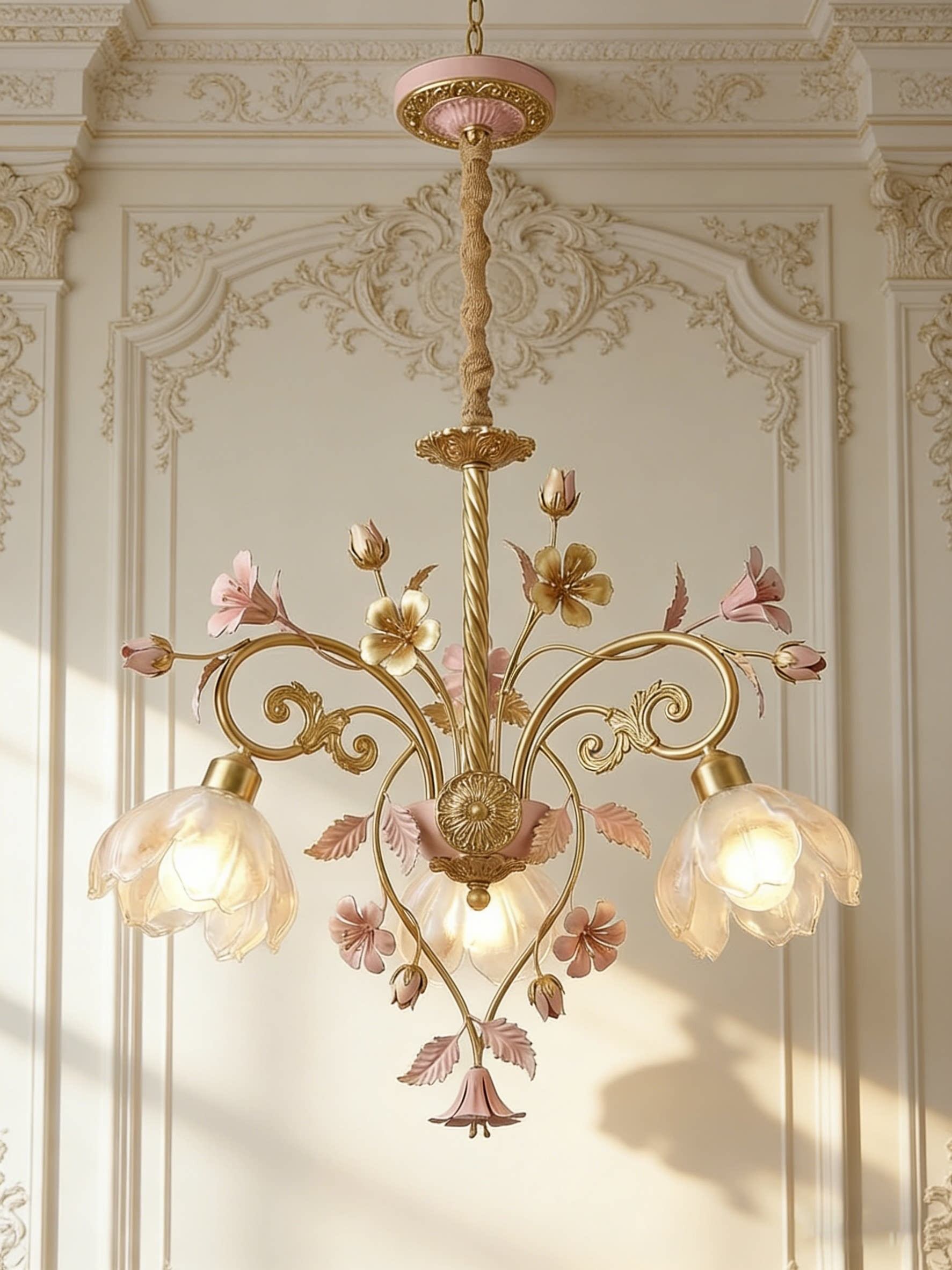 Vintage Floral 3D Printed Pendant Light with Brass Frame