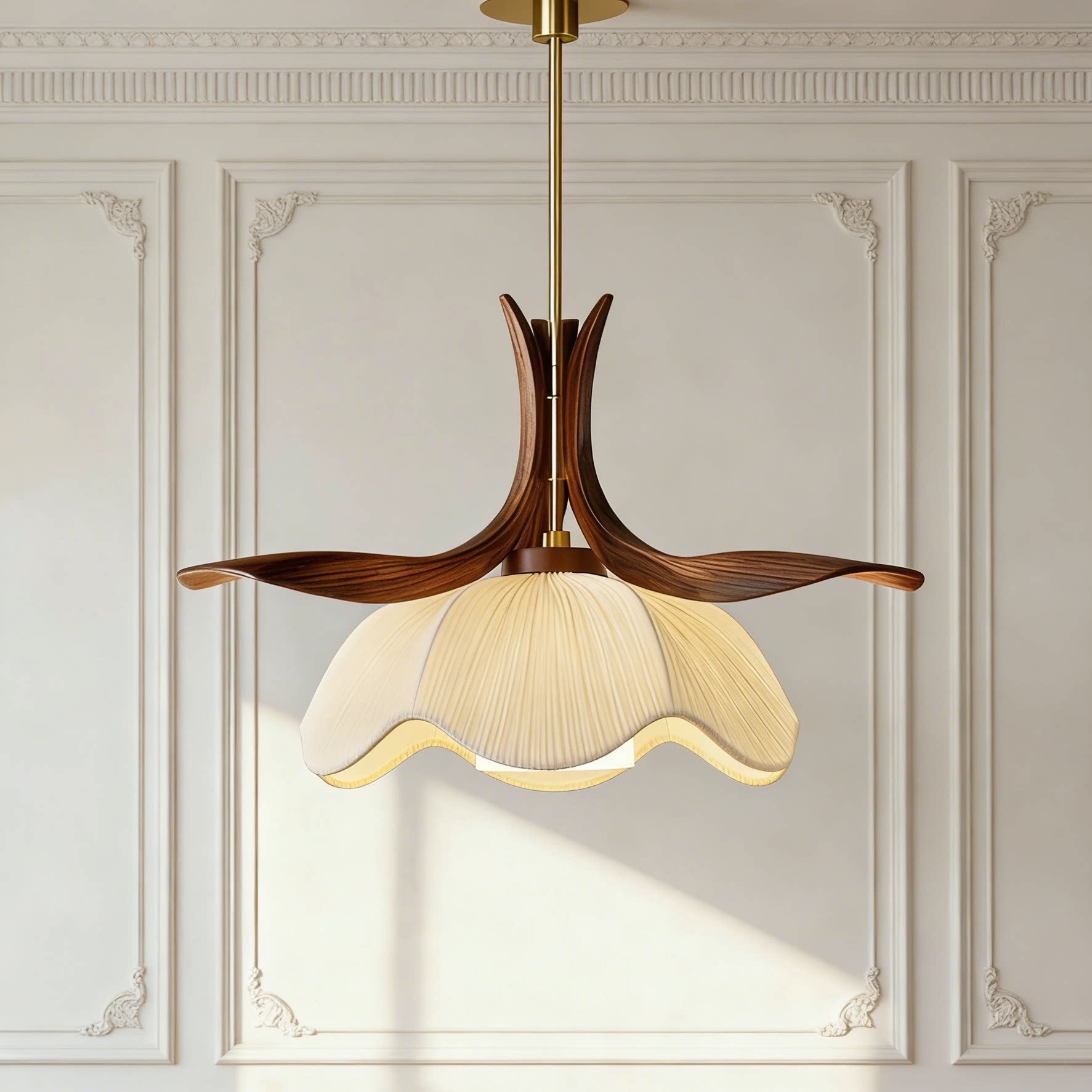3D Printed Retro Pleated Pendant Light with Wooden Petals