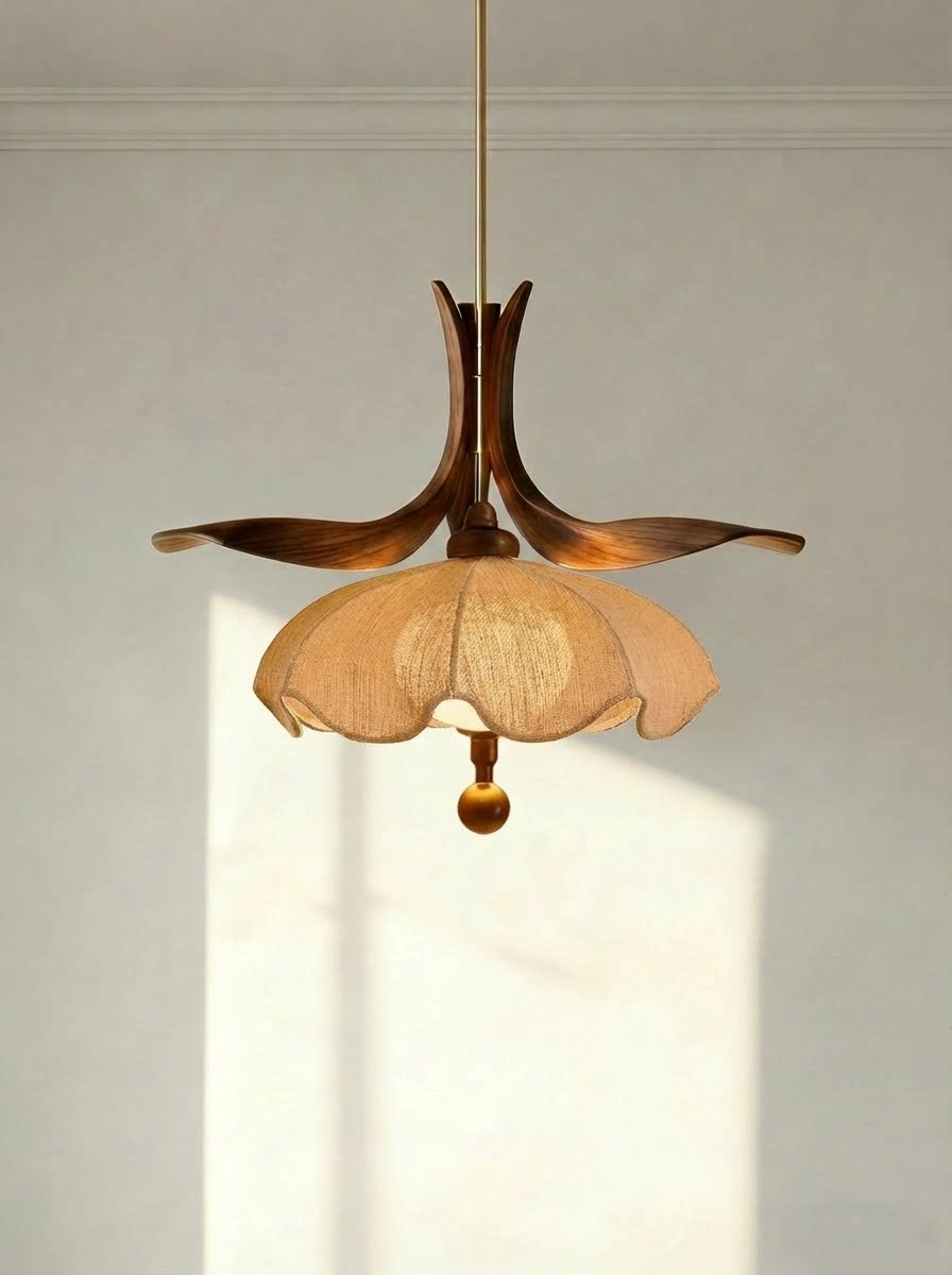 Vintage Linen 3D Printed Pendant Light with Wood Petals