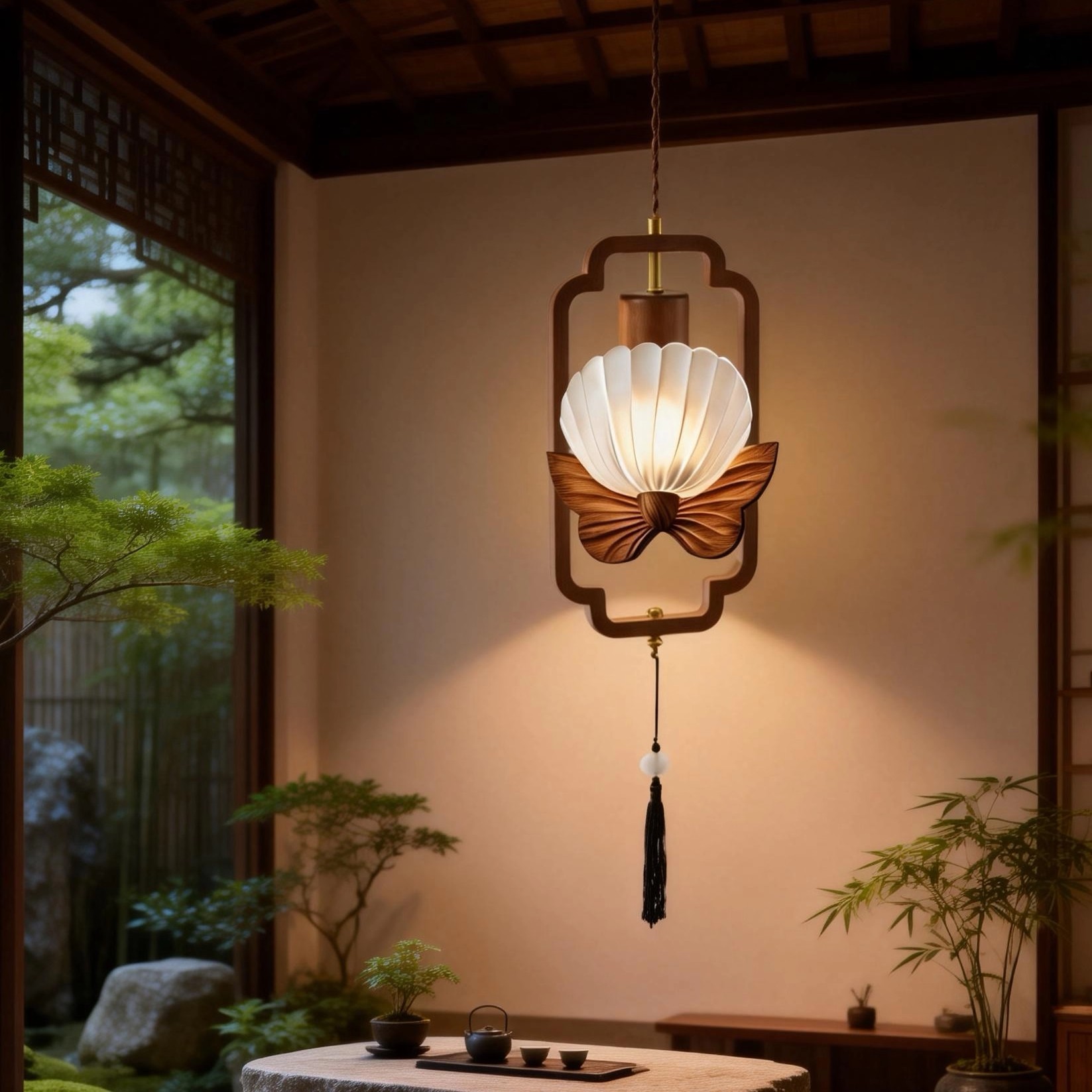 3D Printed Oriental Frame Pendant Lamp with Tassel