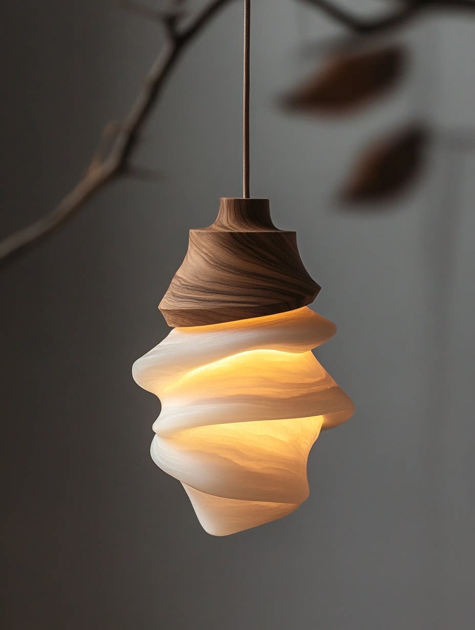 3D Printed Spiral Wave Pendant Lamp with Wood Accent