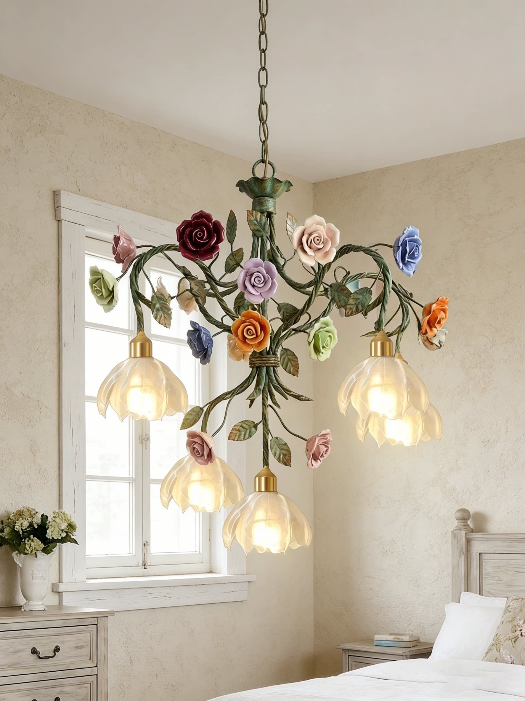 3D Printed Vintage Floral Chandelier Multicolor Rose Ceiling Light
