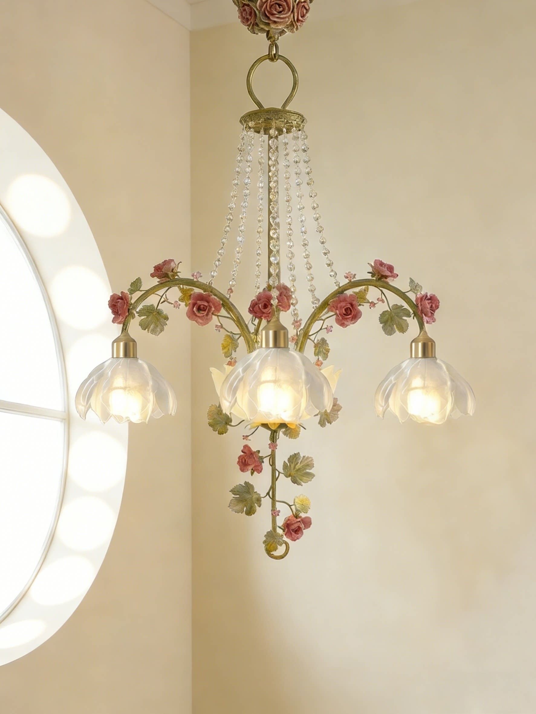 3D Printed Floral Crystal Pendant Light Vintage Rose Hanging Lamp