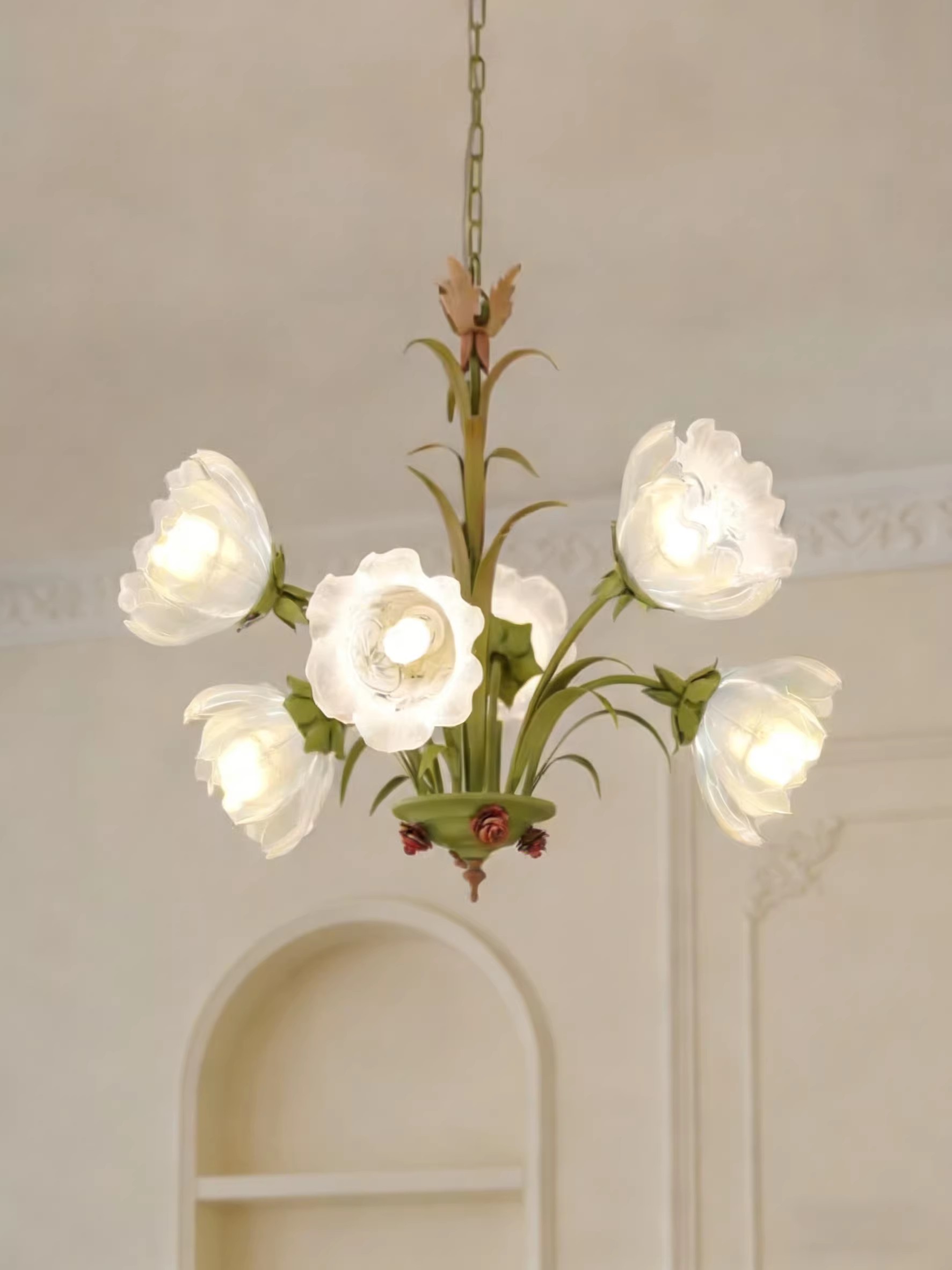3D Printed Floral Glass Chandelier Vintage Green Multi-Light Pendant