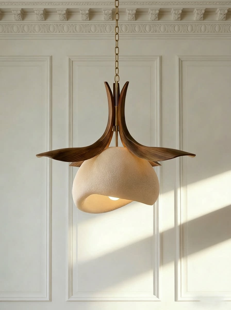3D Printed Modern Wood Petal Pendant Light Sculptural Lamp
