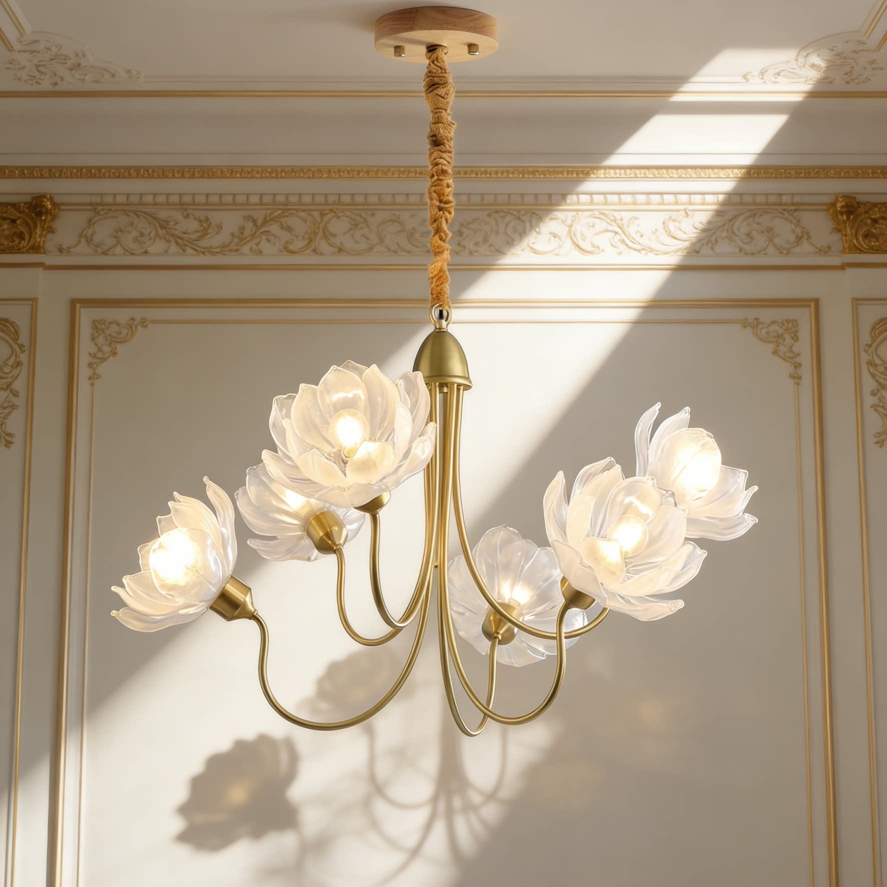 3D Printed Floral Glass Chandelier Elegant Brass Pendant Light