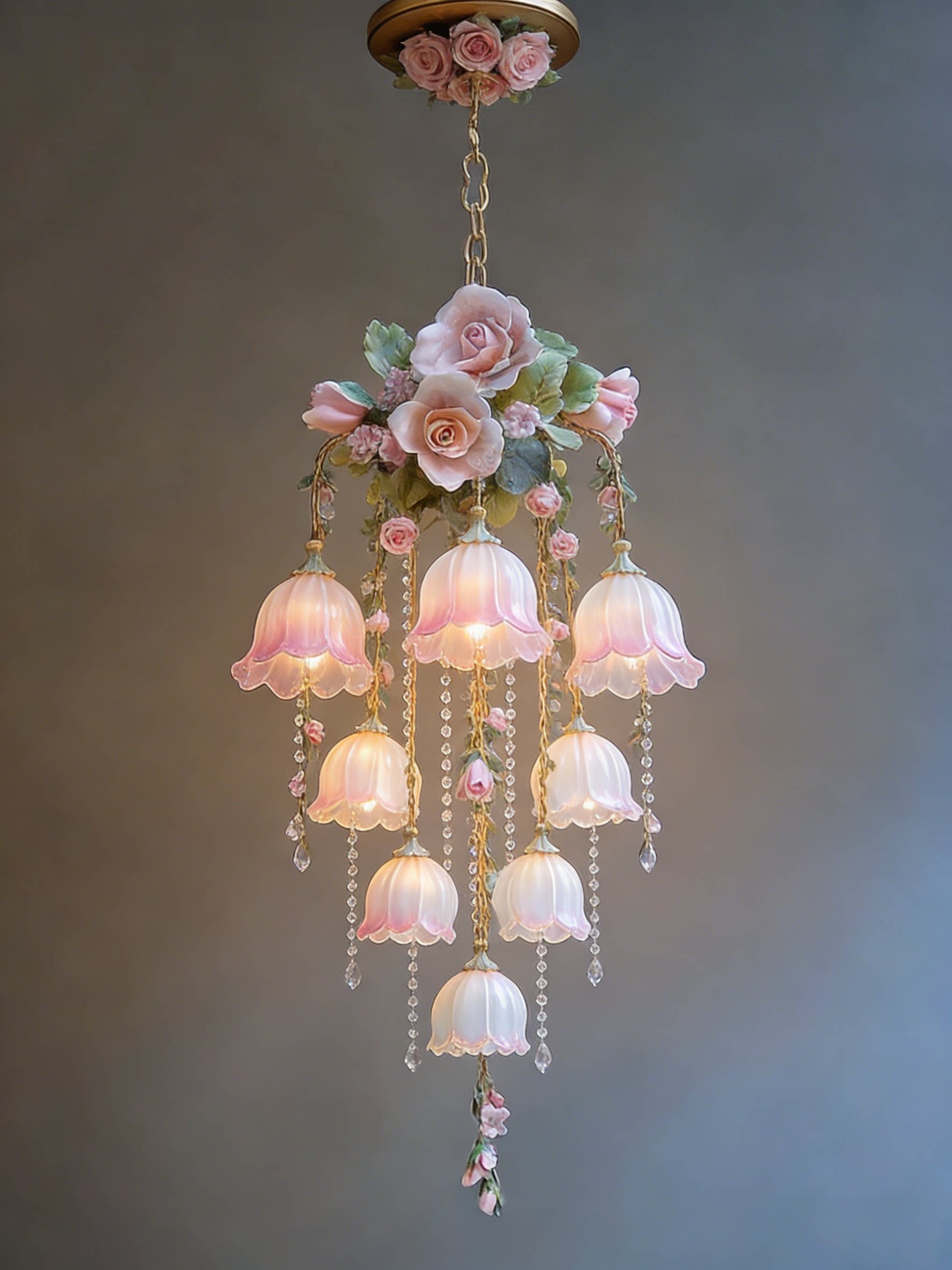 3D Printed Romantic Floral Chandelier Pink Glass Lamp