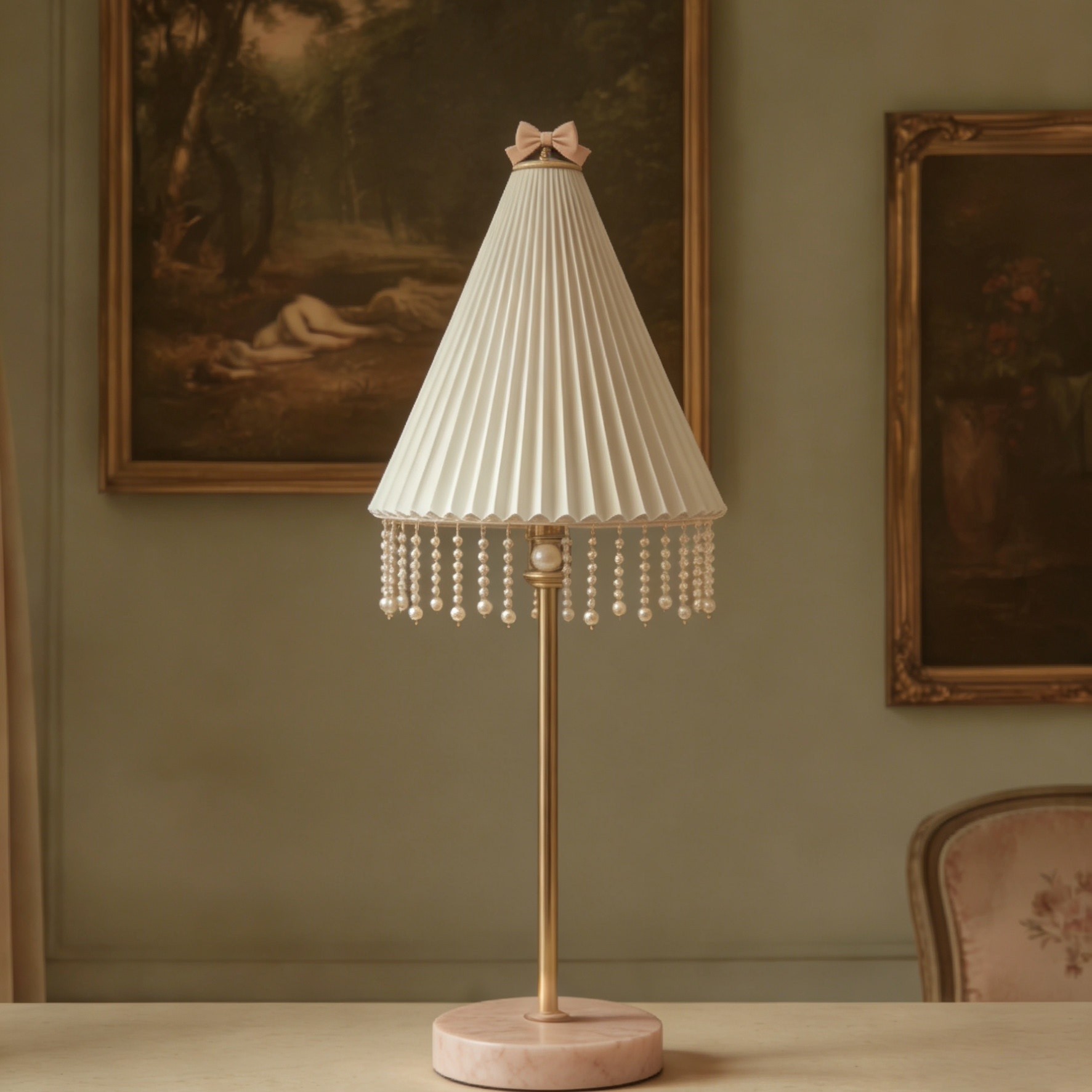 Romantic Pleated 3D Printed Table Lamp - Pearl Tassel French Bedside Light