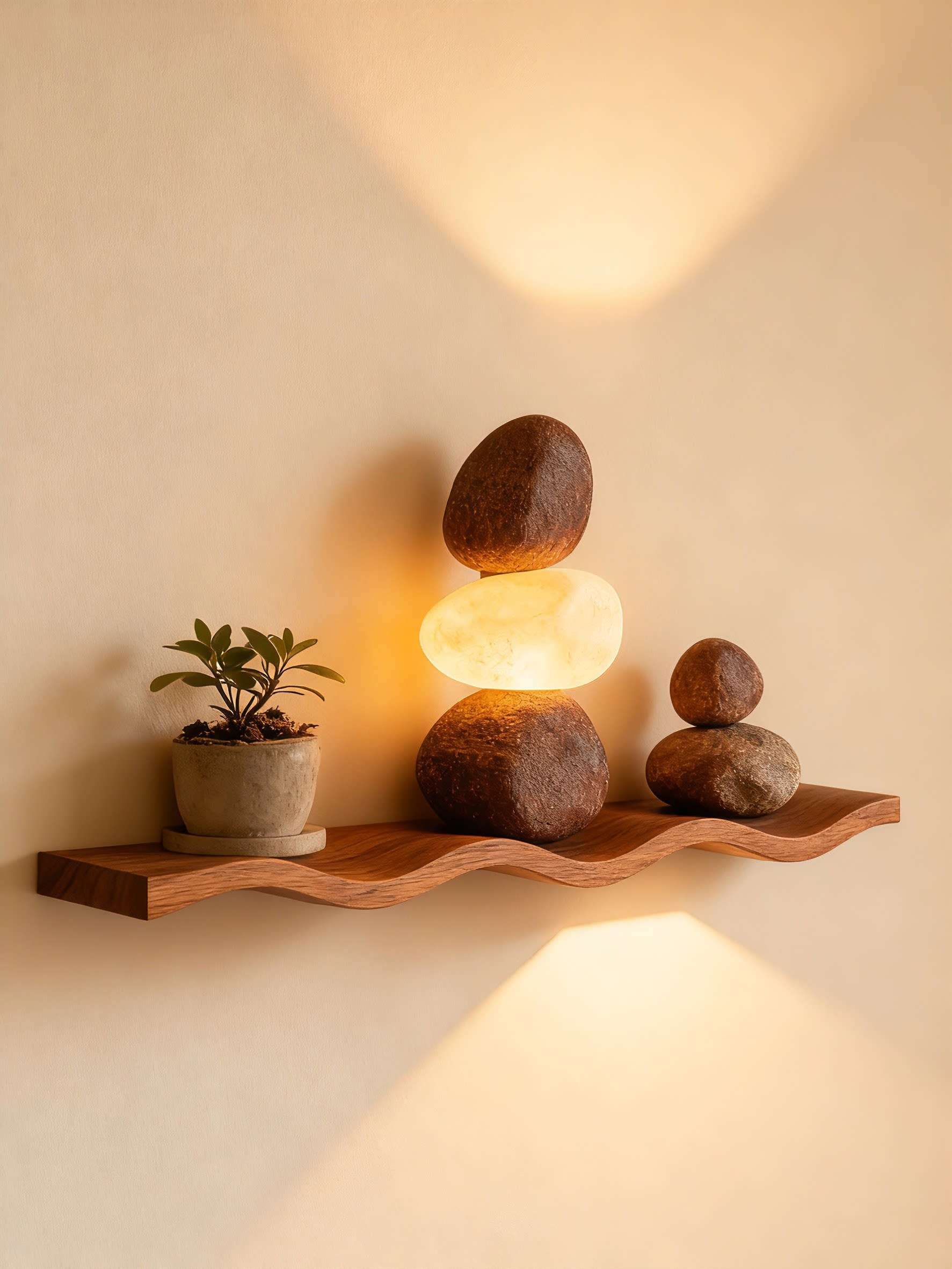 Wabi-Sabi Rock Wall Lamp - Zen Shelf Accent Light