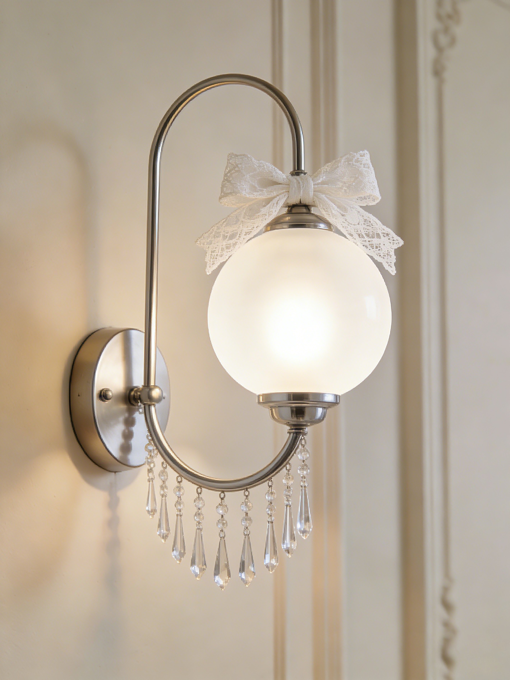 Elegant French 3D Printed Wall Lamp - Crystal Droplet & Lace Bow Accent