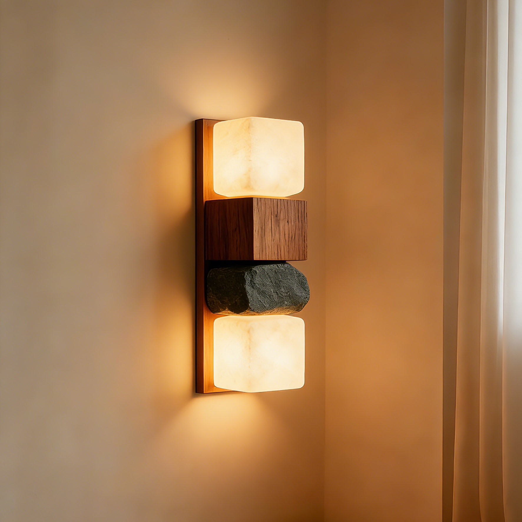 Rustic Cube Stack Wall Lamp - Stone, Wood, Resin 3D Printed Light