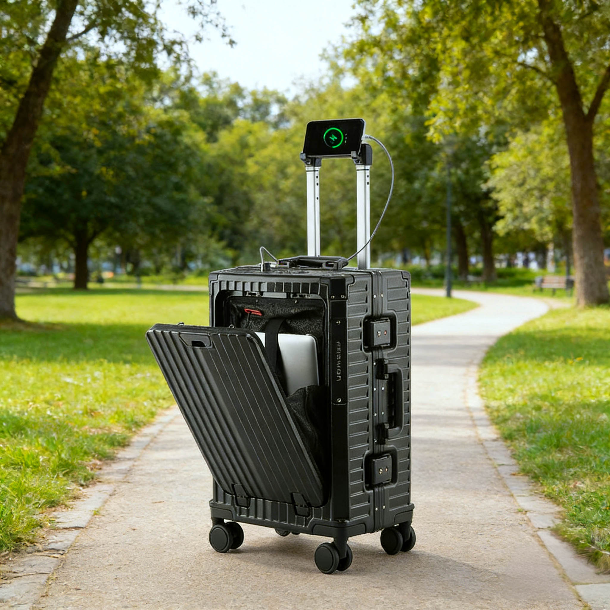 Aluminum Frame Trolley Luggage Multifunctional Front Opening Travel Suitcase Carry on Luggage with Laptop USB Cup-holder