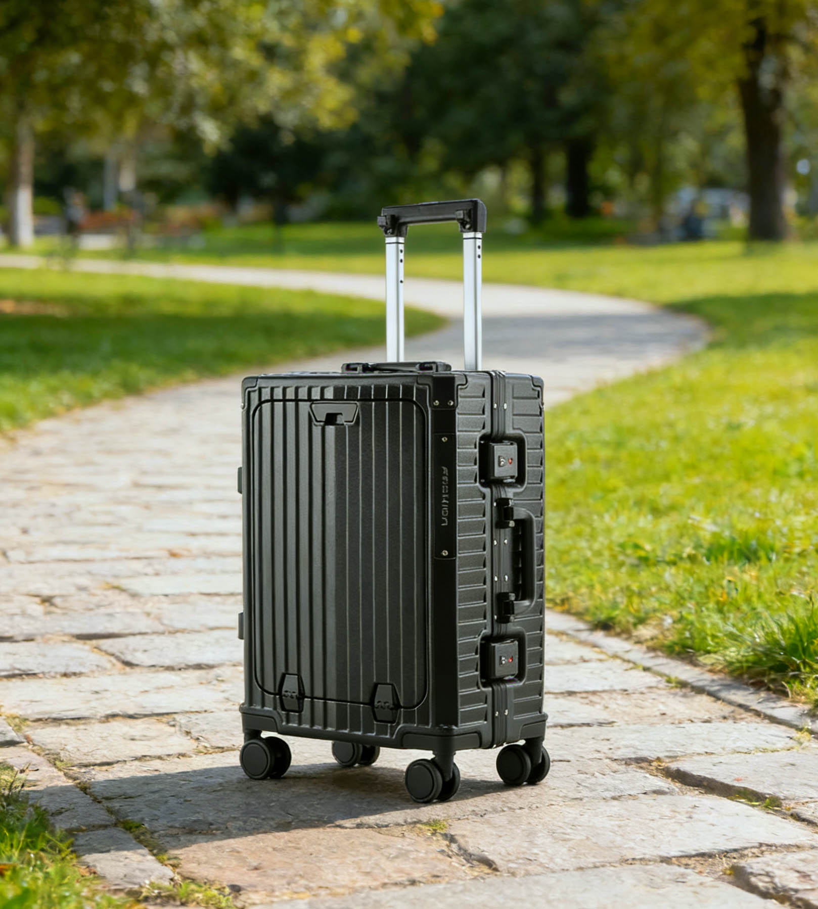 Aluminum Frame Trolley Luggage Multifunctional Front Opening Travel Suitcase Carry on Luggage with Laptop USB Cup-holder