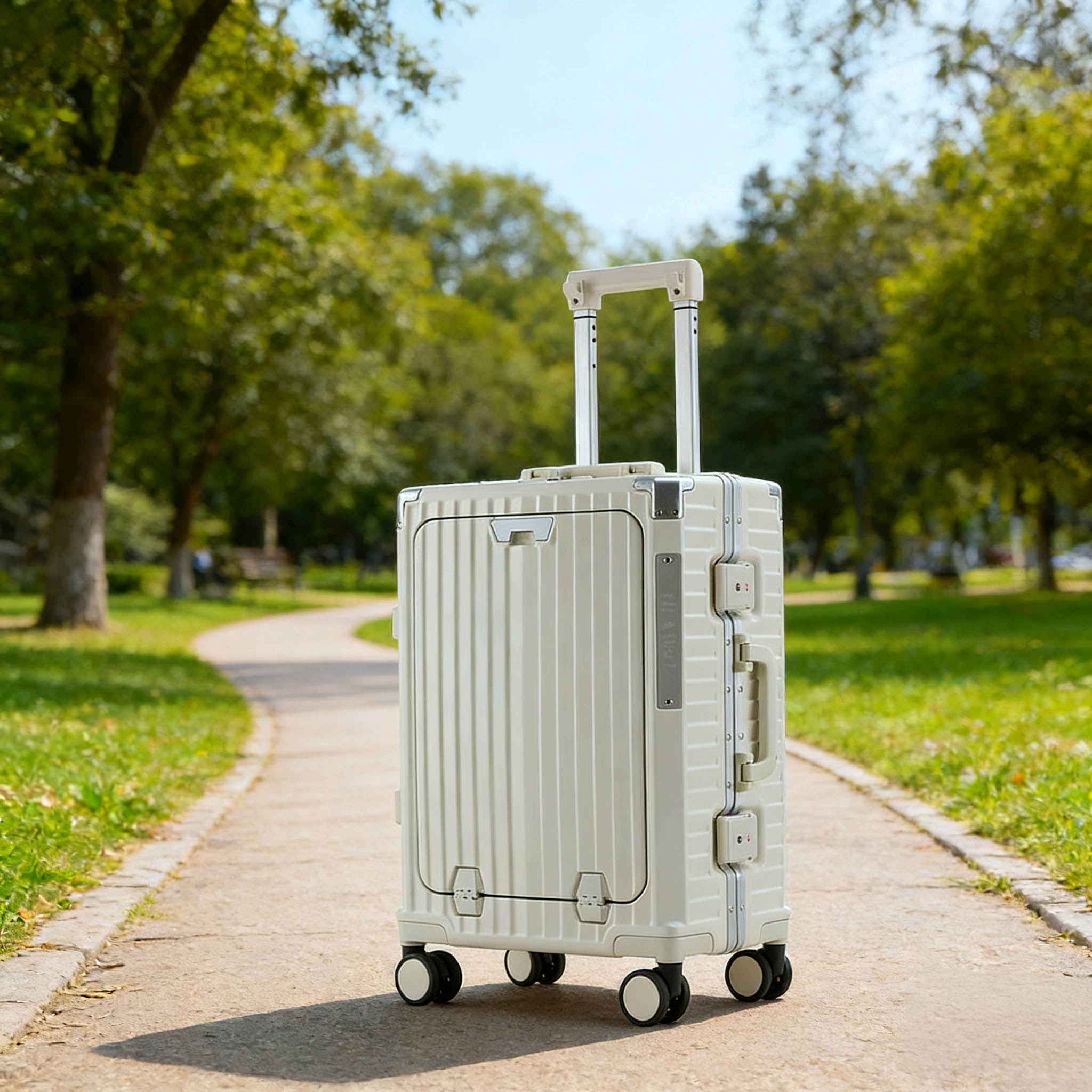 Aluminum Frame Trolley Luggage Multifunctional Front Opening Travel Suitcase Carry on Luggage with Laptop USB Cup-holder