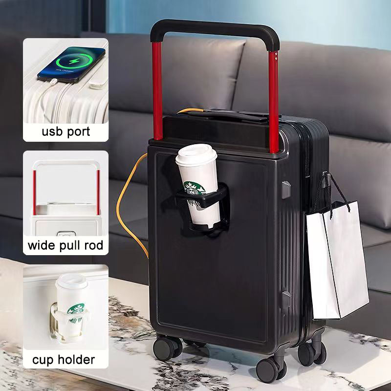 Fashionable Multi-functional Ultra-Wide Telescopic Handle with Charger, Hook and Cup Holder Smart Luggage