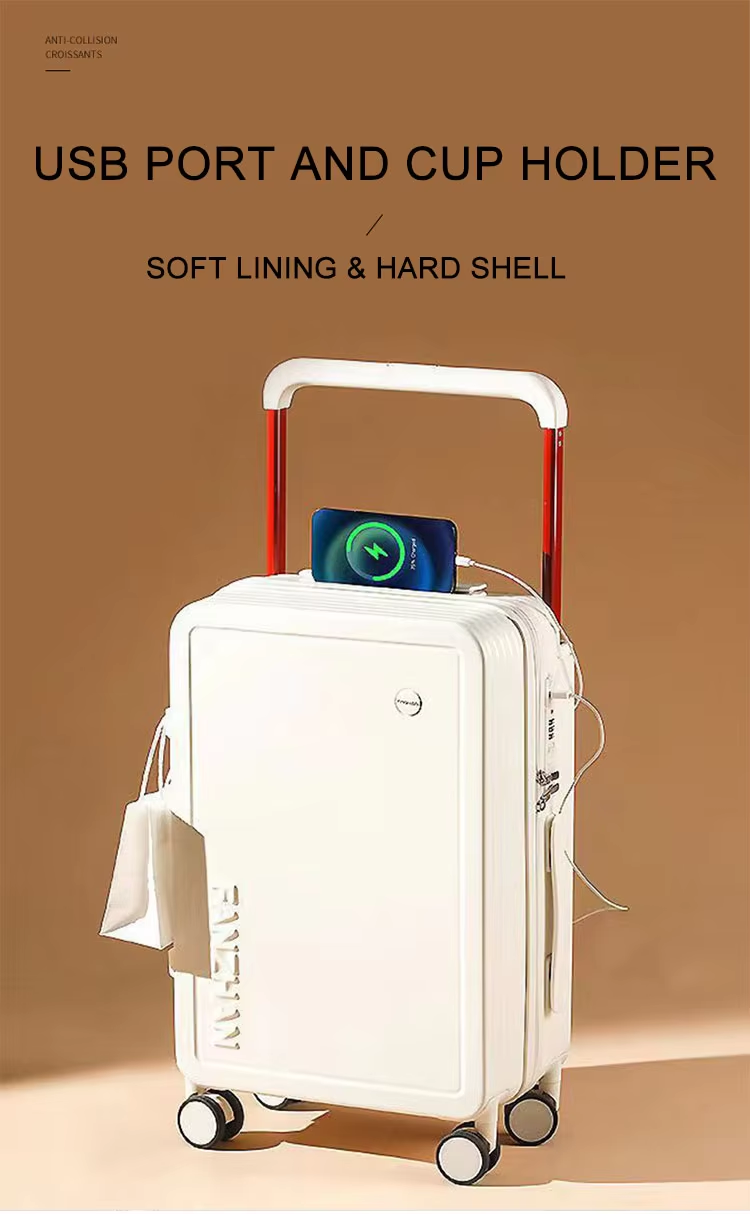 Fashionable Multi-functional Ultra-Wide Telescopic Handle with Charger, Hook and Cup Holder Smart Luggage
