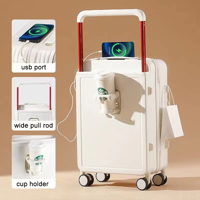 Fashionable Multi-functional Ultra-Wide Telescopic Handle with Charger, Hook and Cup Holder Smart Luggage