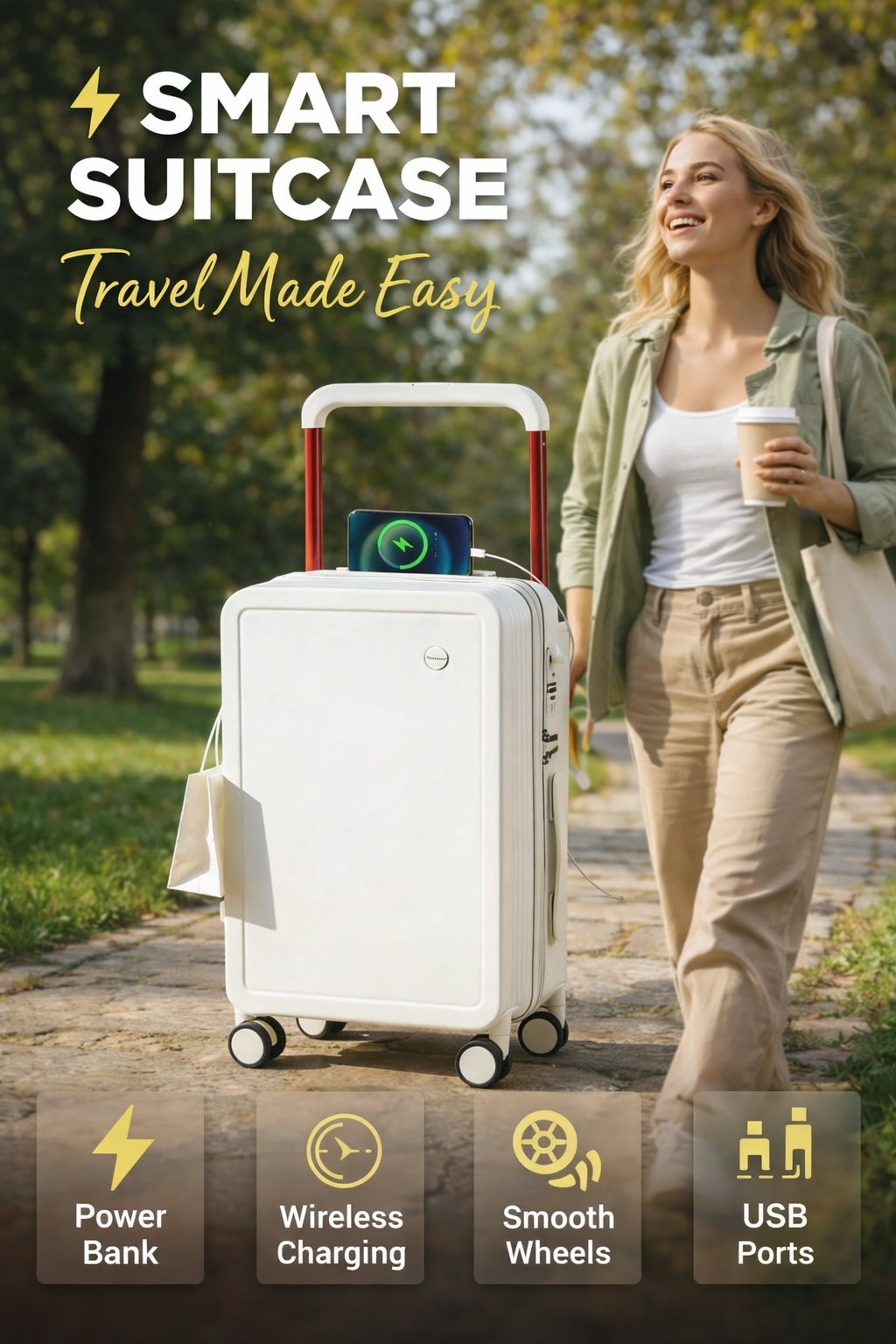 Fashionable Multi-functional Ultra-Wide Telescopic Handle with Charger, Hook and Cup Holder Smart Luggage