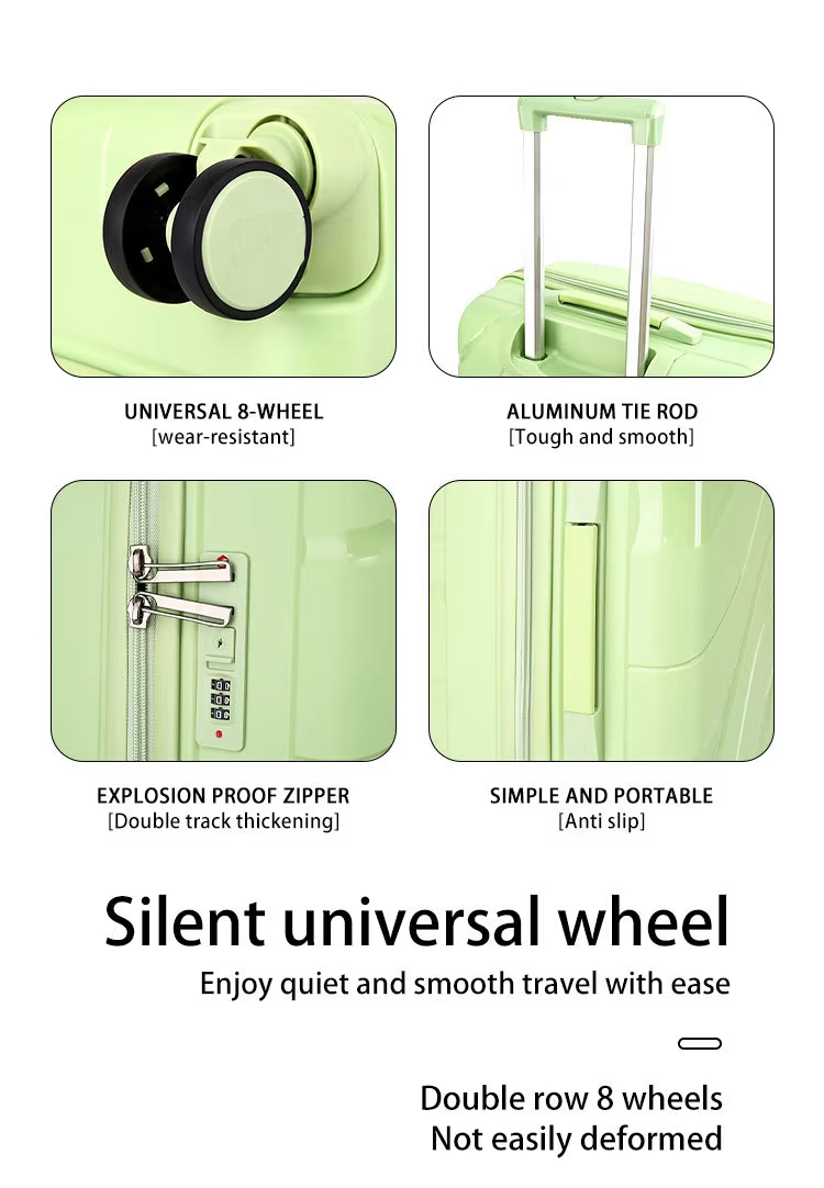 displays of anti theft zipper spinner luggage set,universal double row wheels,aluminum alloy pull rod,explosion proof zipper and soft handle